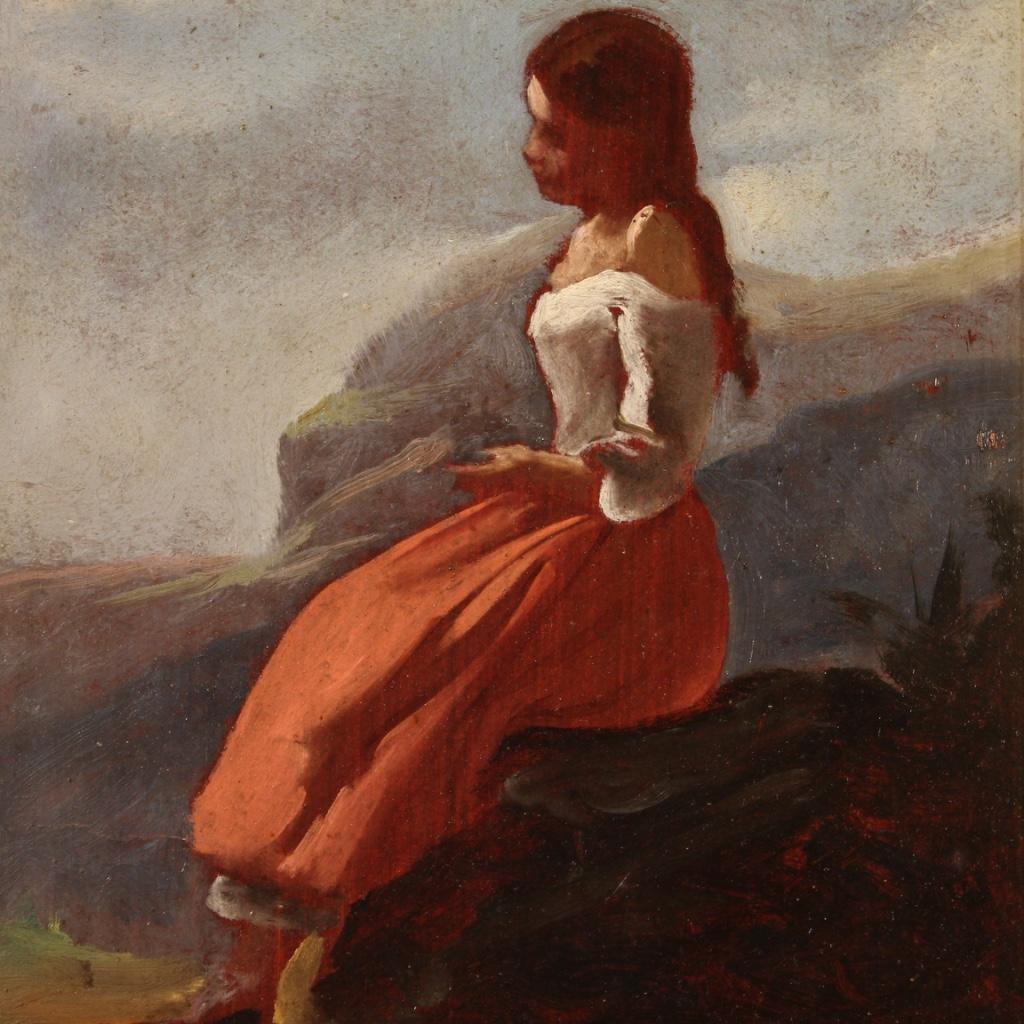 Italian oil painting on cardboard from the 19th century. Artwork signed V. Cabianca on the lower right, referable to the painter Vincenzo Cabianca 1827-1902, missing authentication. Cabianca was a prominent figure of the Macchiaioli current, where