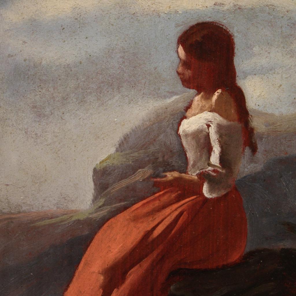 19th Century V. Cabianca Signed Oil on Cardboard Italian Painting Girl, 1840 2