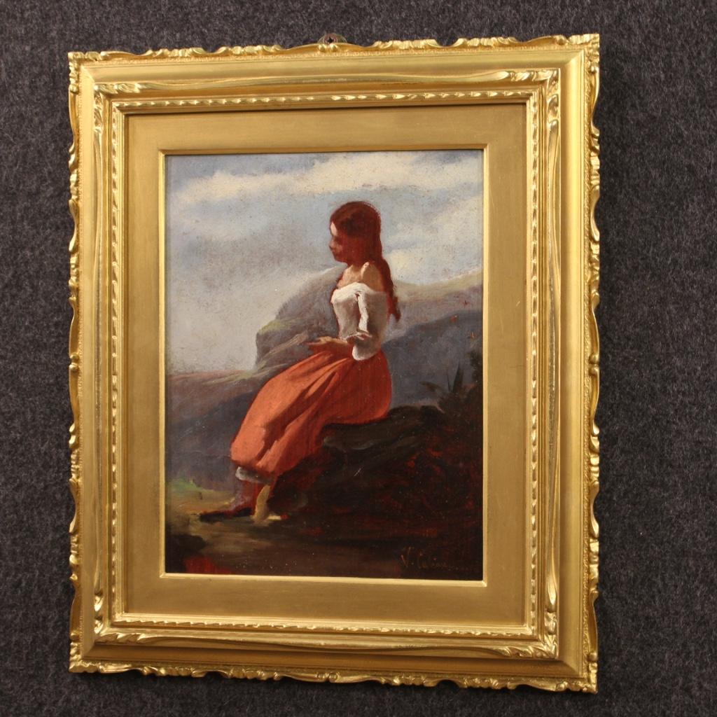 19th Century V. Cabianca Signed Oil on Cardboard Italian Painting Girl, 1840 4