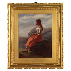 19th Century V. Cabianca Signed Oil on Cardboard Italian Painting Girl, 1840