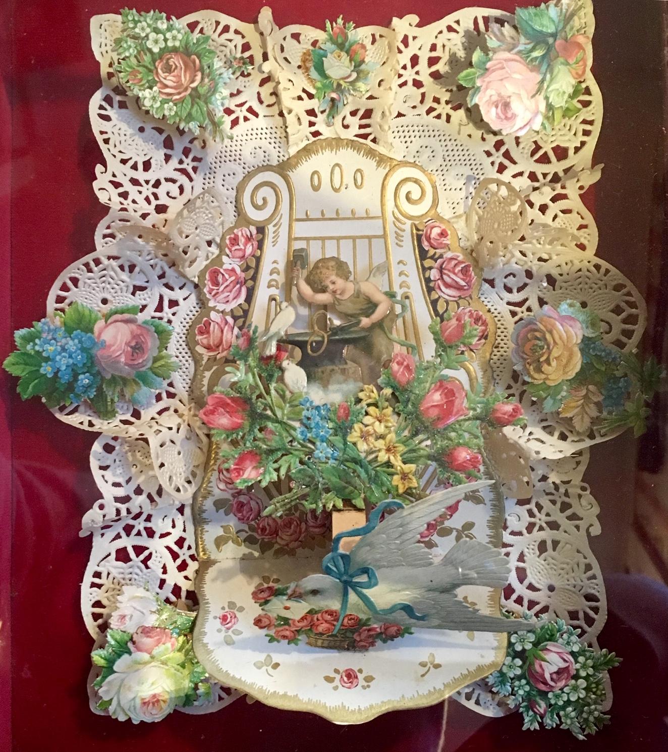 Antique valentine, circa 1850, comprising a color printed and embossed 