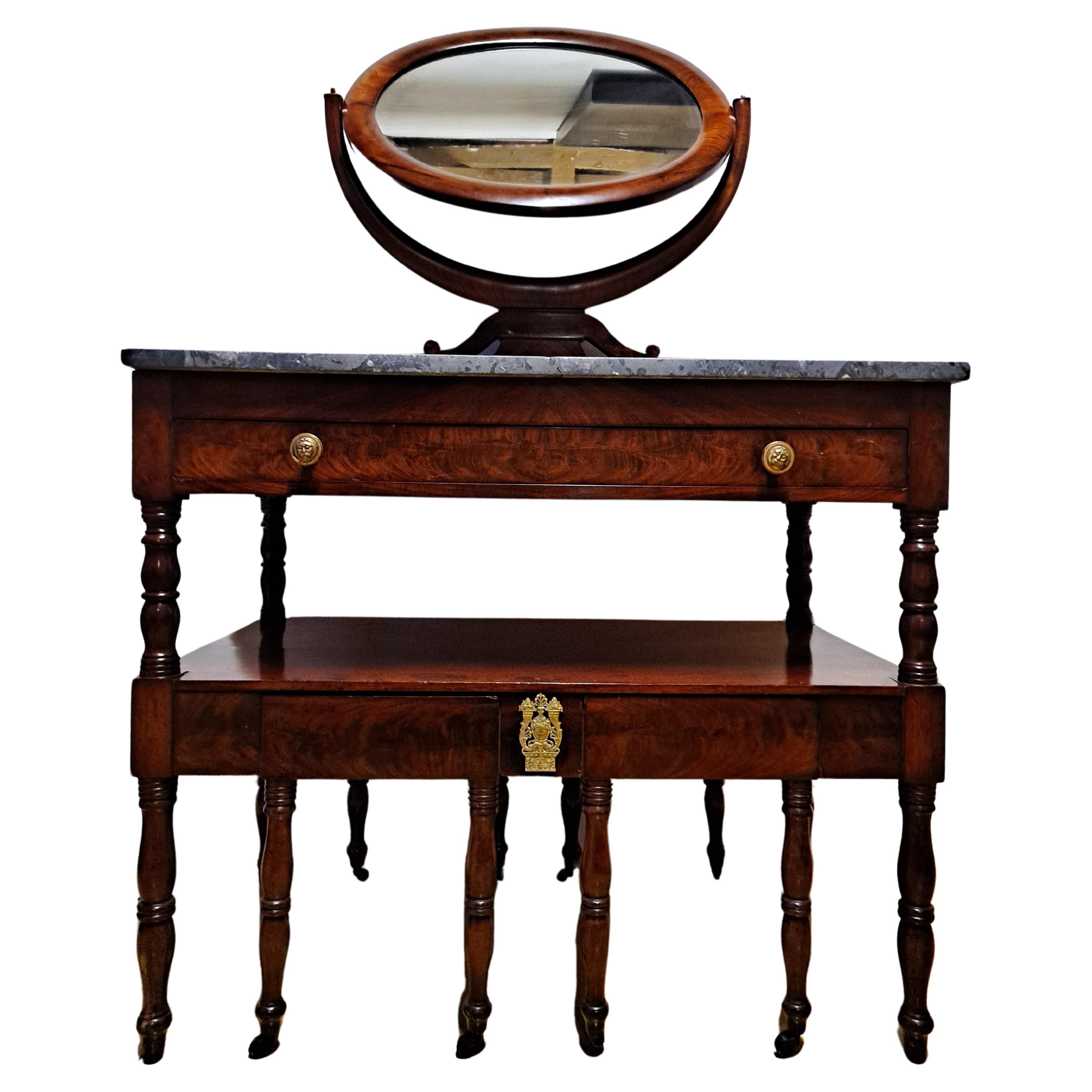 19th C. American Empire Mahogany Vanity Dressing Table w/Marble Top