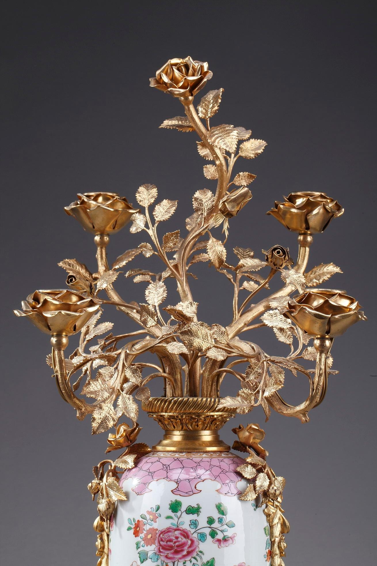 Gilt 19th Century Vases Mounted as Lamps in Famille Rose Porcelain Taste
