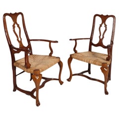 Antique 19th Century Venetian Baroque Armchairs Hand Carved Walnut, Wax Polished, Straw