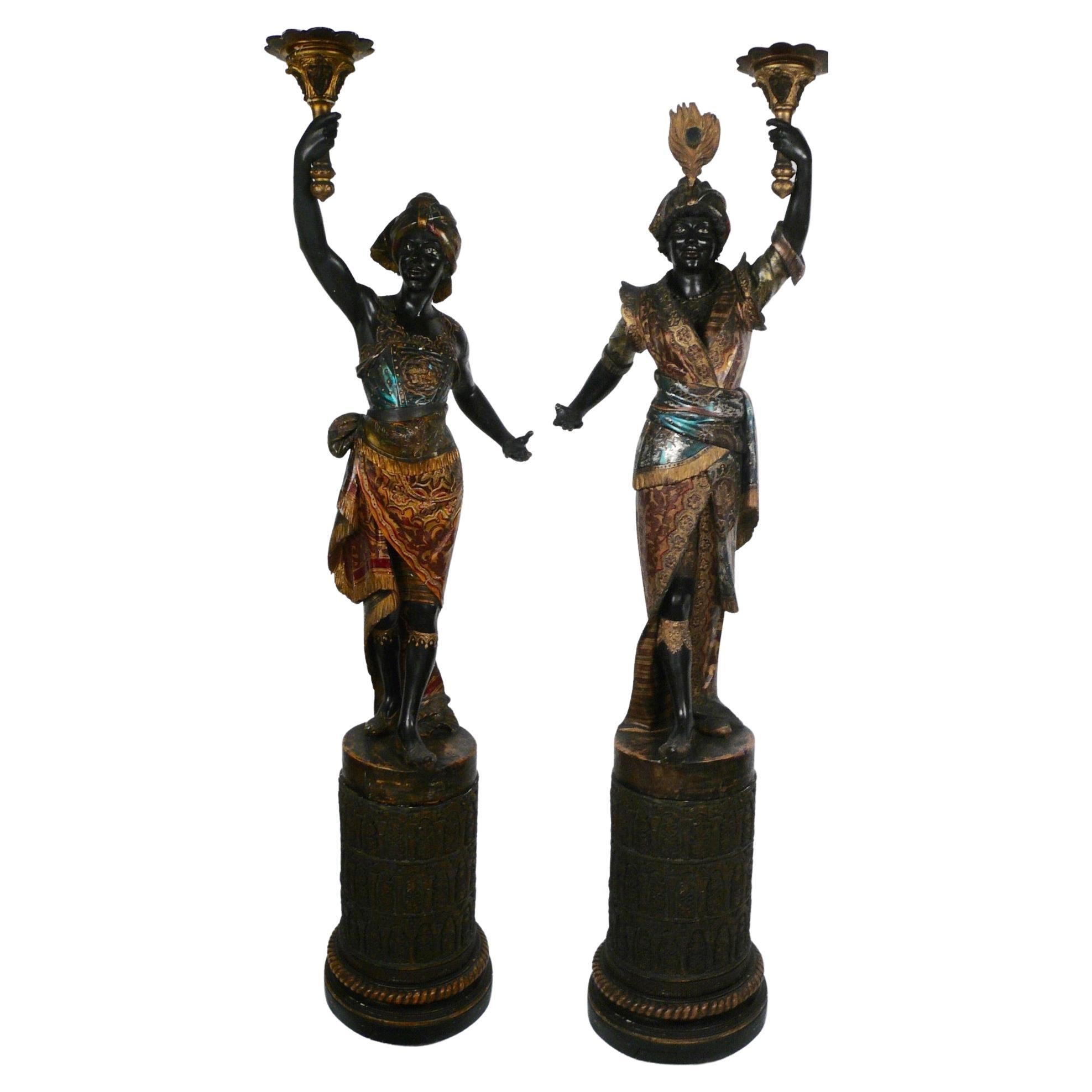 19th Century Venetian Carved and Polychrome Wood Figural Torcheres or Stands  For Sale