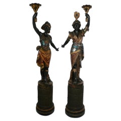Torchères ou supports figuratifs vénitiens en bois sculpté et polychrome du 19ème siècle 