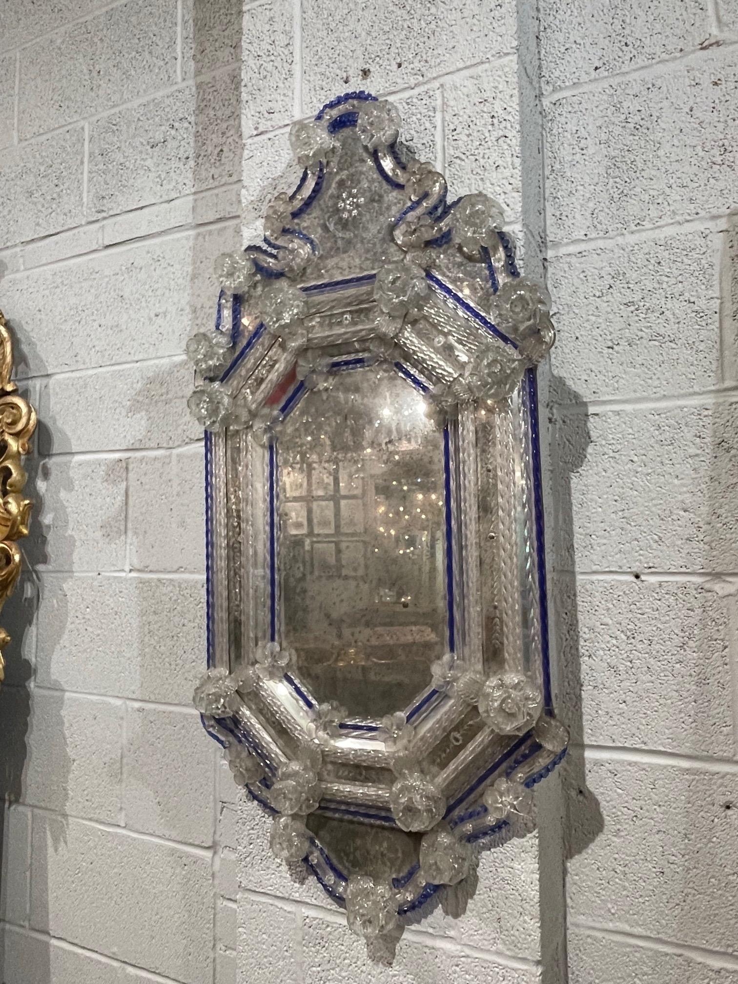 19th Century Venetian Etched Glass Mirror with Blue Borders 1