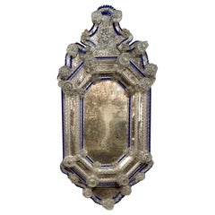 19th Century Venetian Etched Glass Mirror with Blue Borders