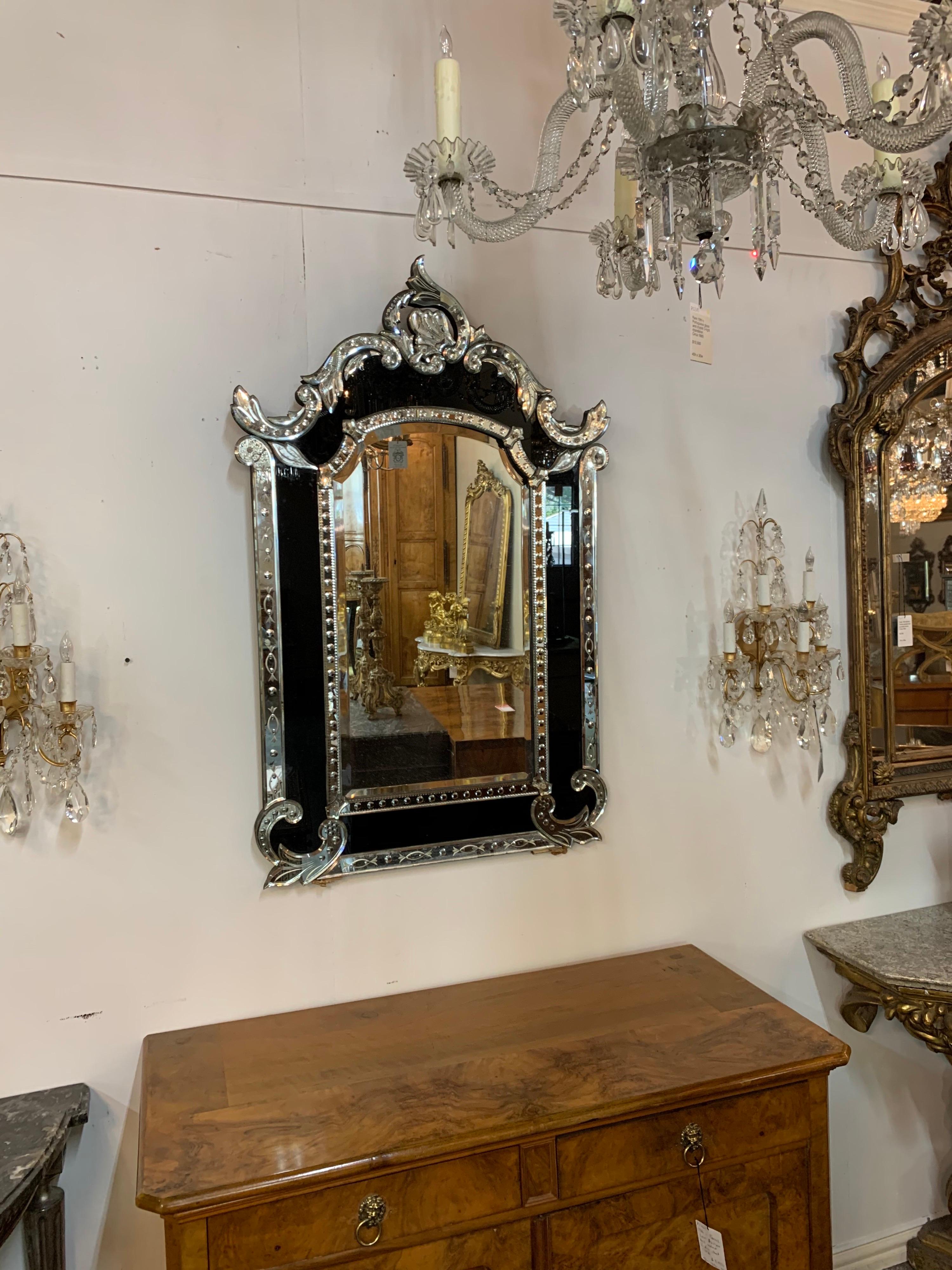 19th Century Venetian Etched Mirror with Black Glass In Good Condition In Dallas, TX