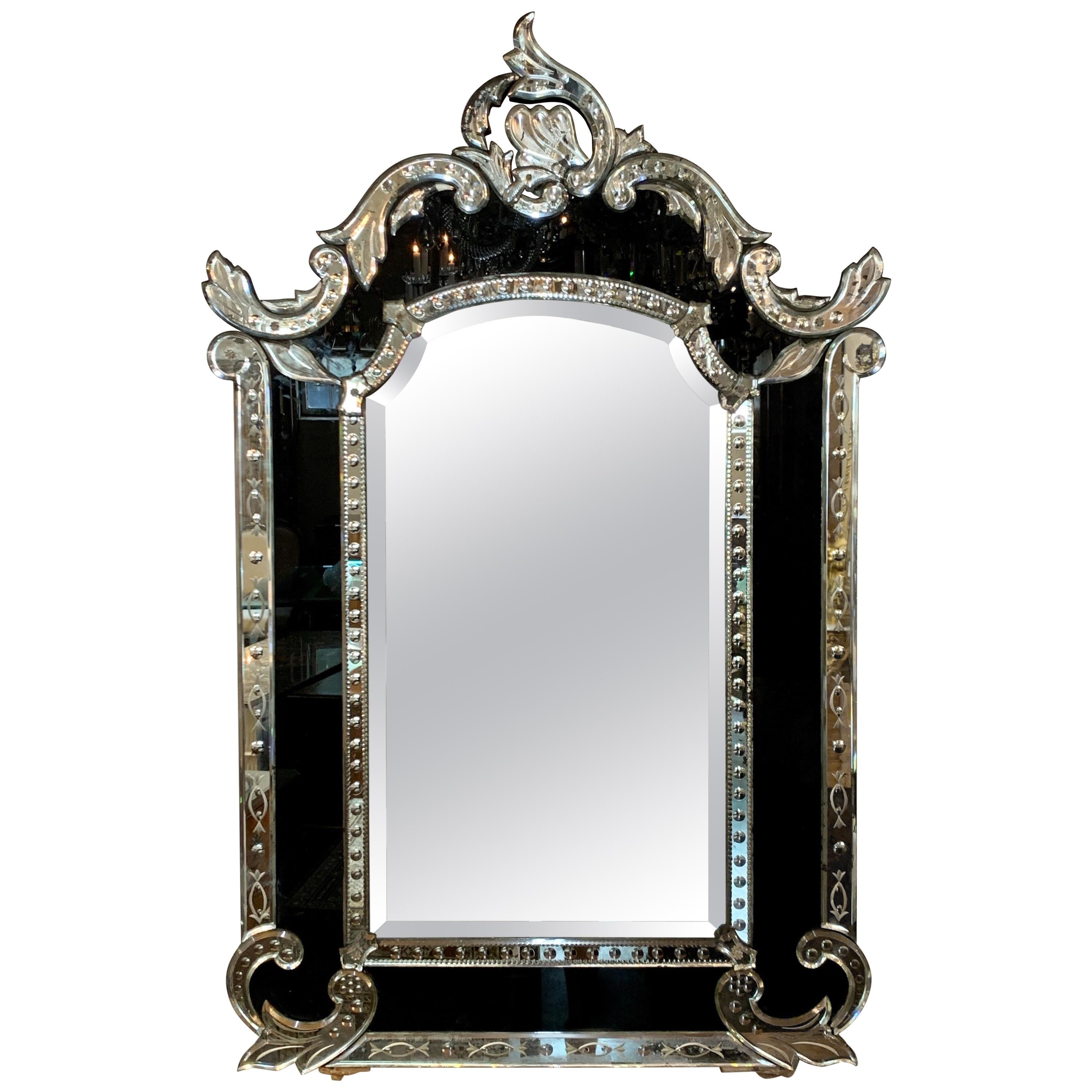 19th Century Venetian Etched Mirror with Black Glass