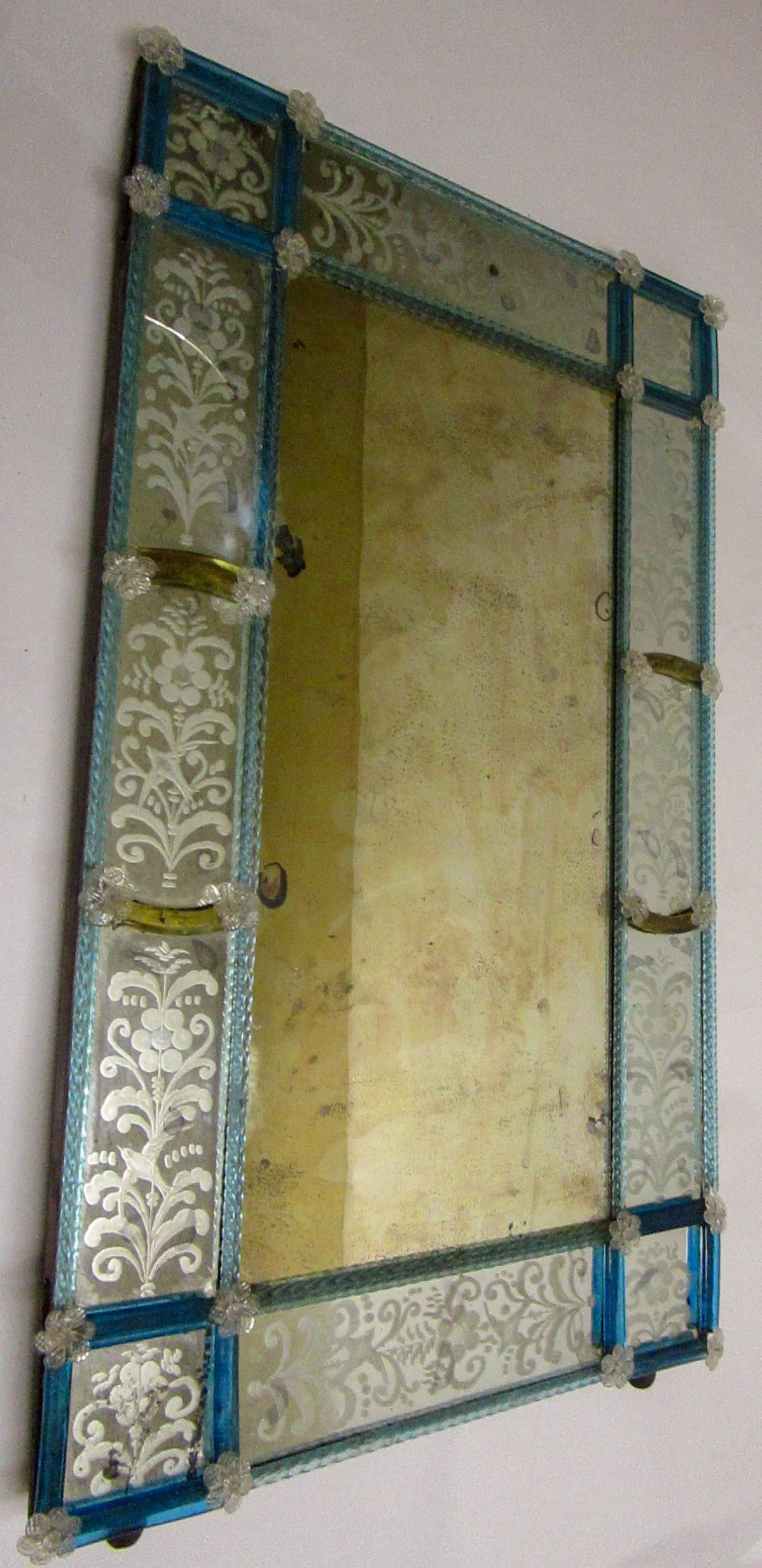 19th Century Venetian Etched Mirror with Blue Glass 6