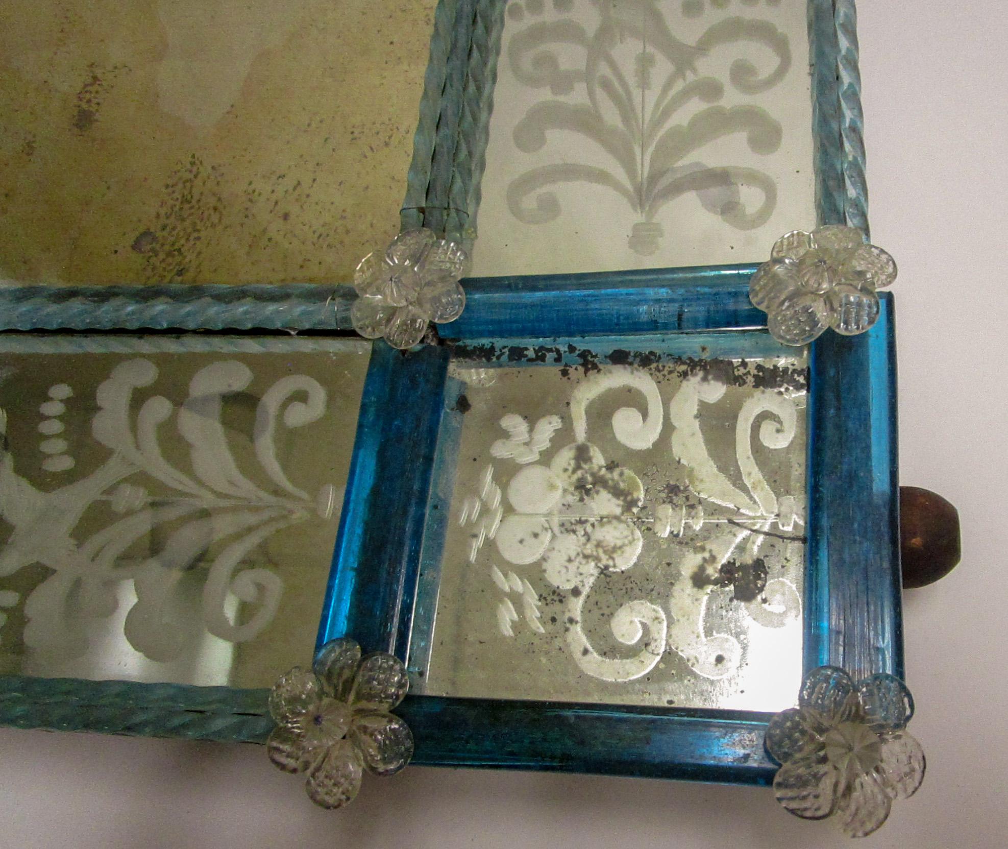 19th Century Venetian Etched Mirror with Blue Glass 7