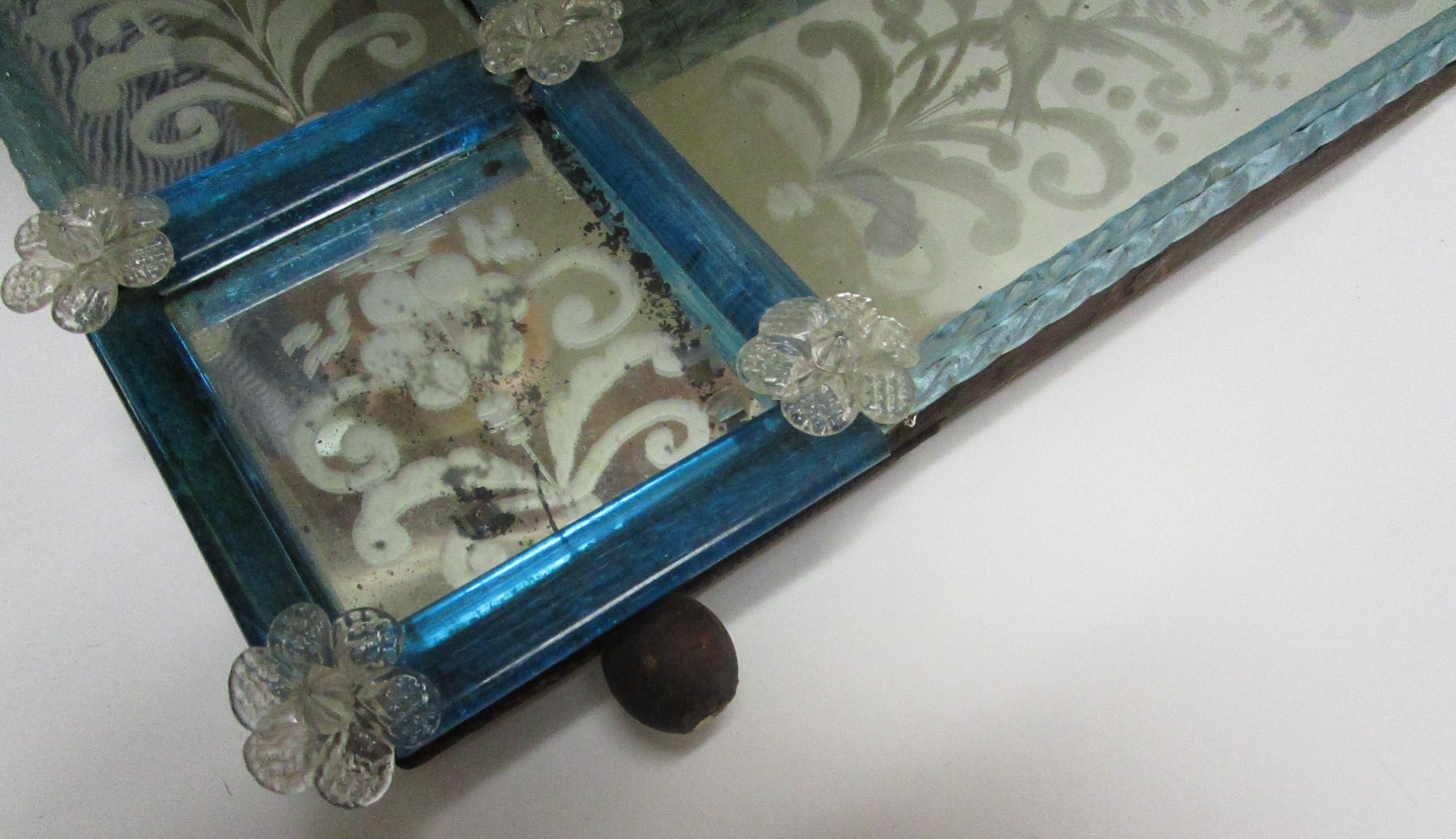 19th Century Venetian Etched Mirror with Blue Glass 9