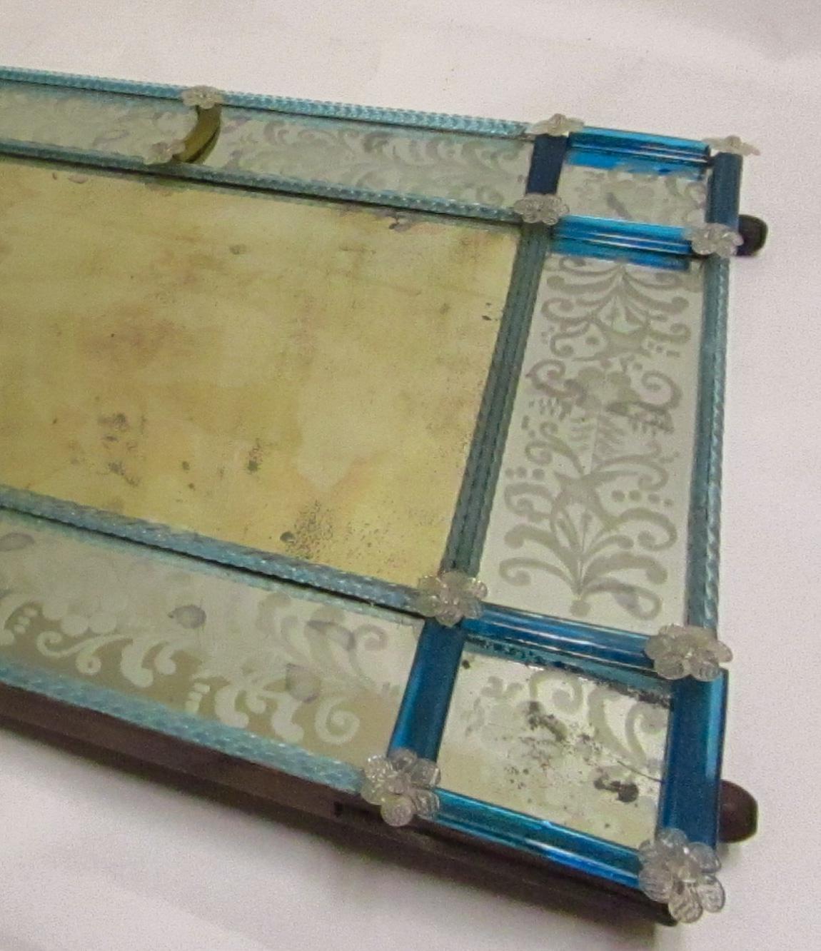 19th Century Venetian Etched Mirror with Blue Glass 10