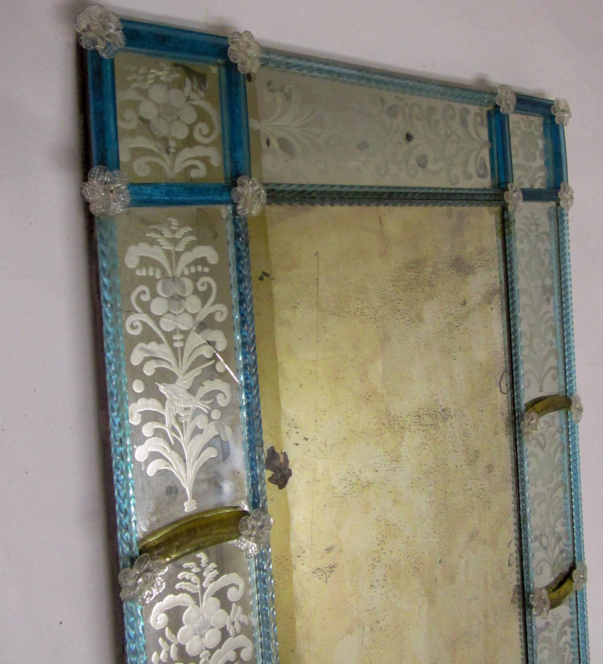 Hollywood Regency 19th Century Venetian Etched Mirror with Blue Glass