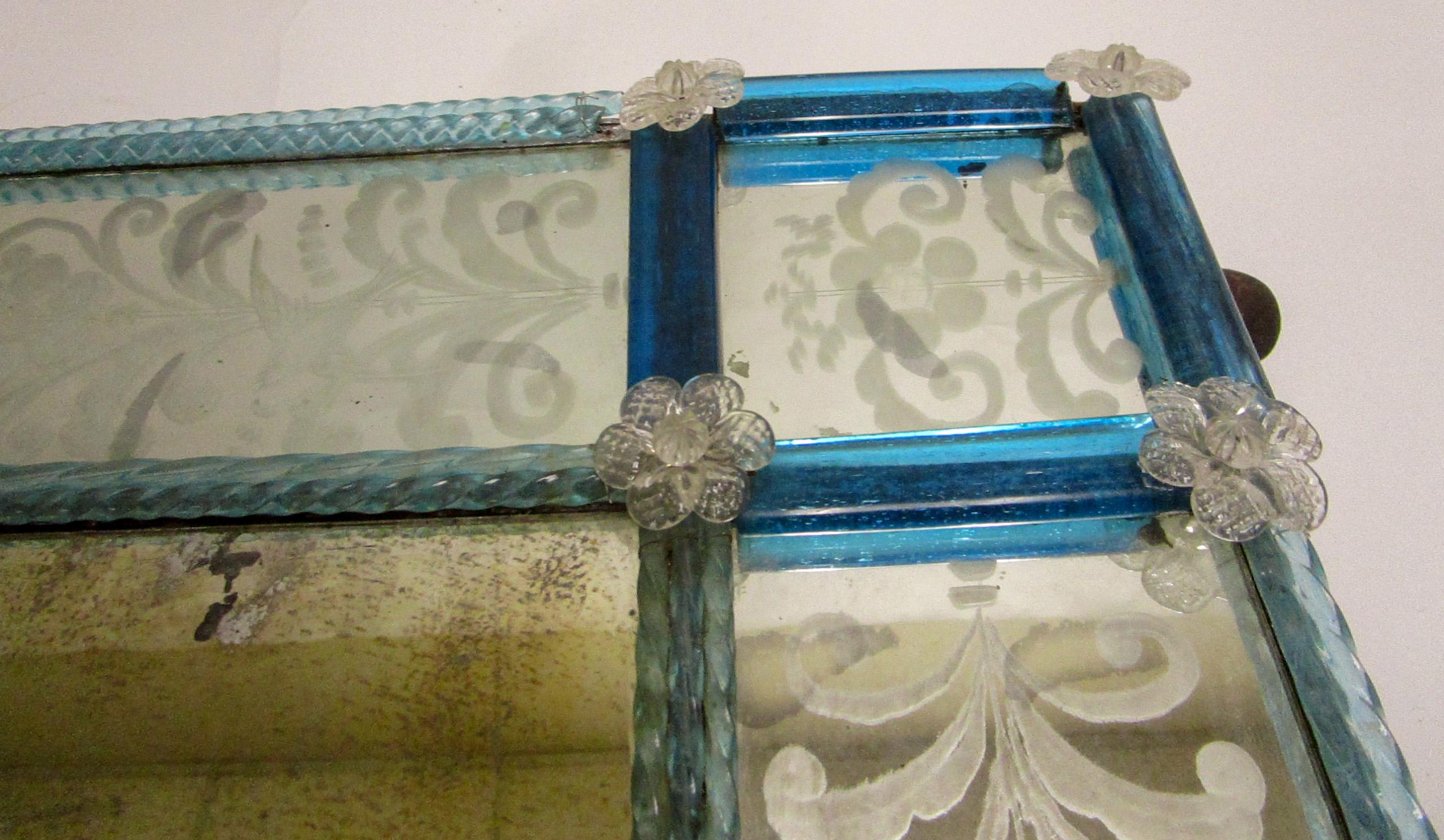 19th Century Venetian Etched Mirror with Blue Glass In Good Condition In Savannah, GA