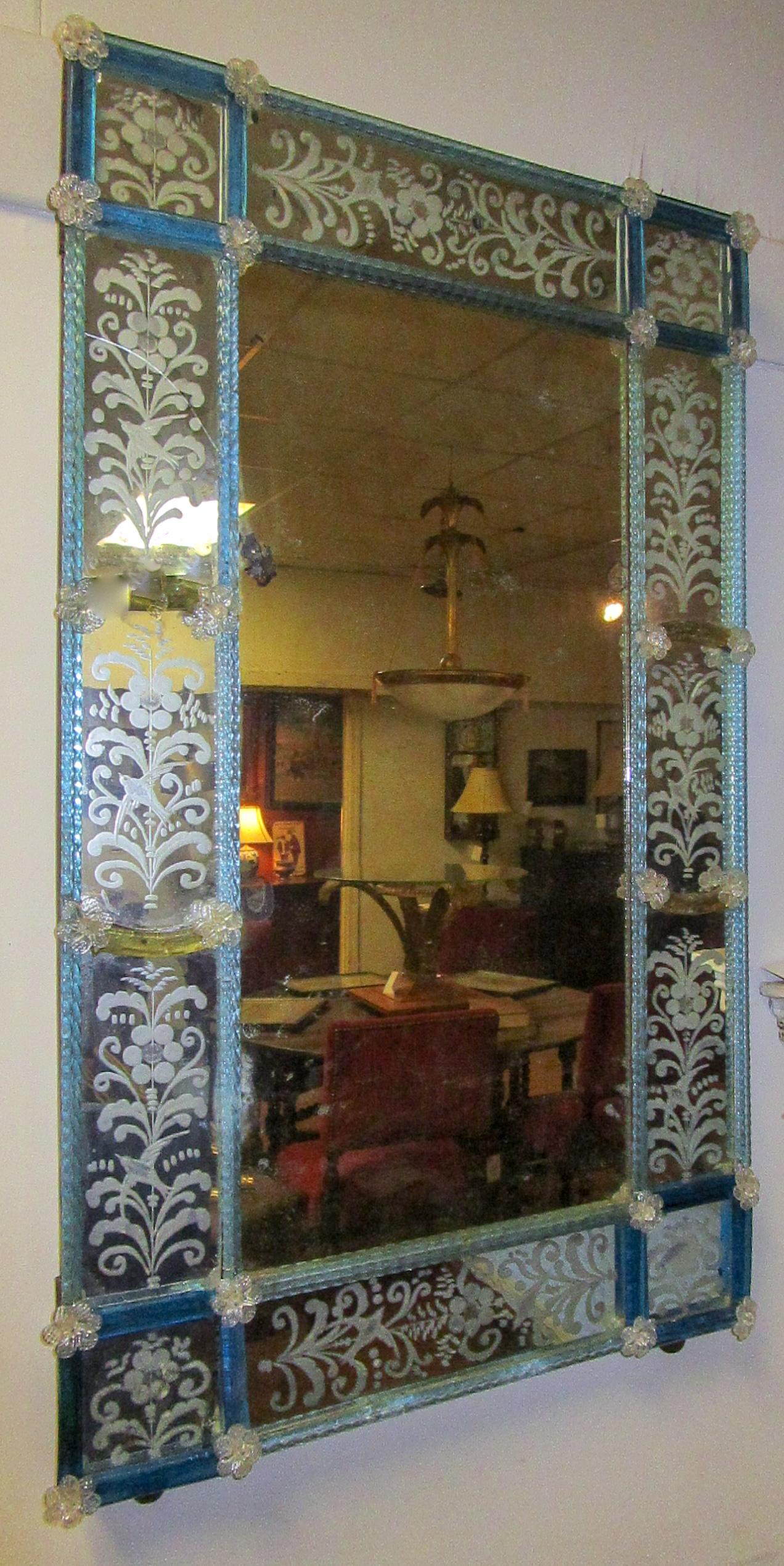 Late 19th Century 19th Century Venetian Etched Mirror with Blue Glass