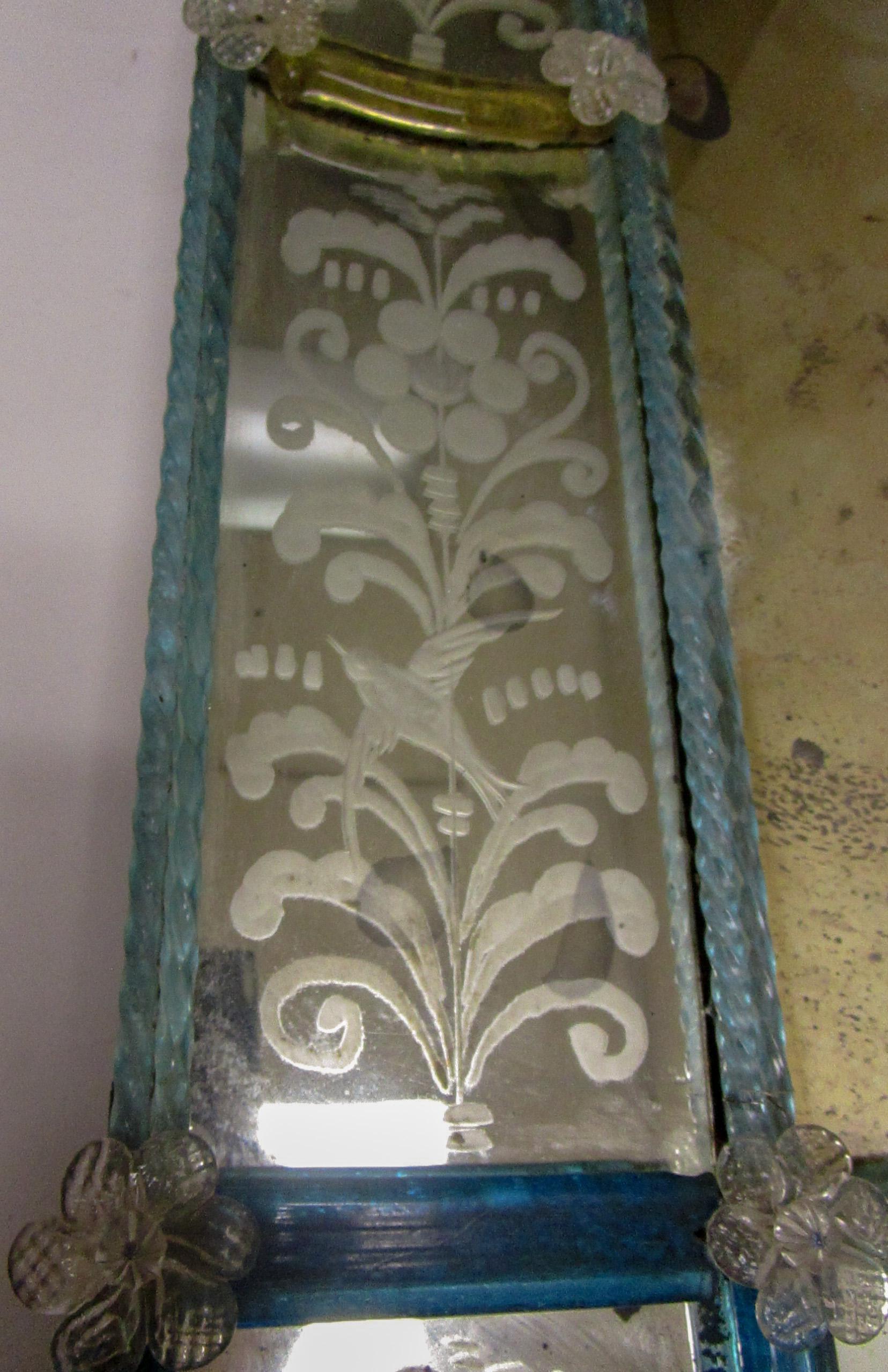 19th Century Venetian Etched Mirror with Blue Glass 1