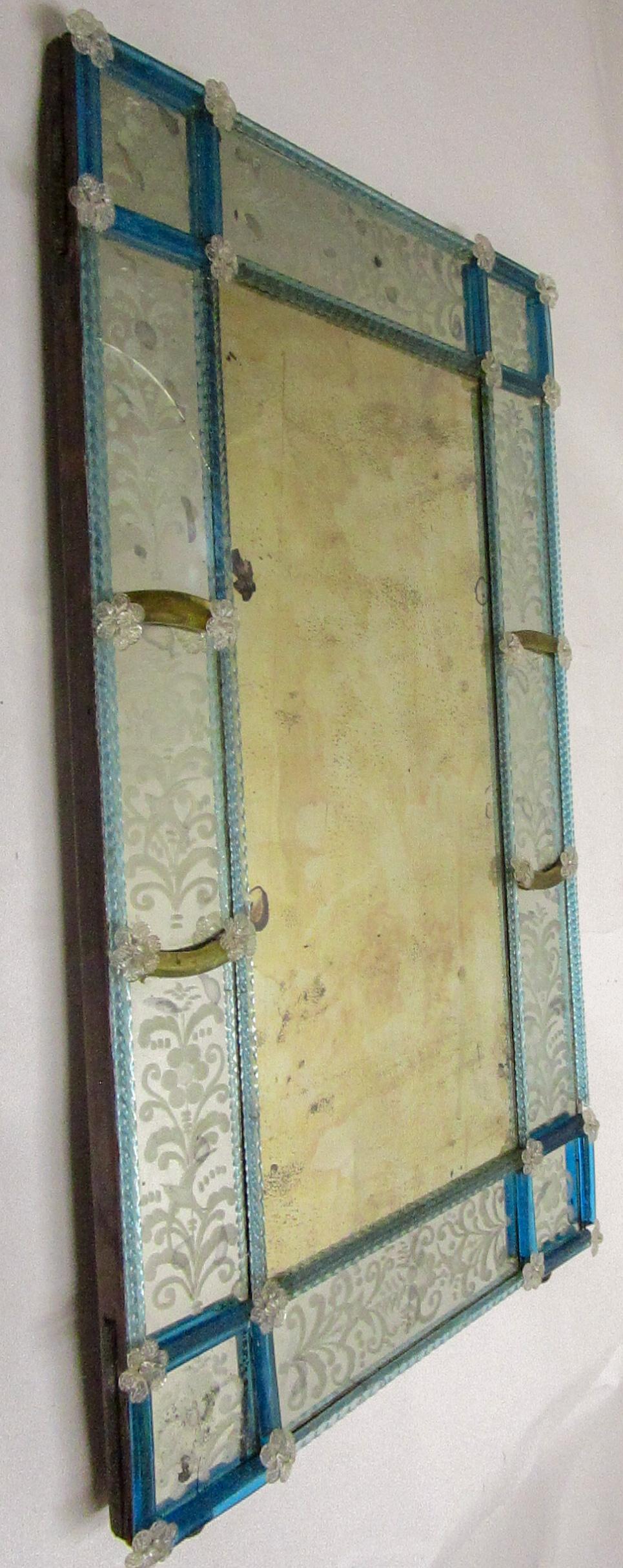19th Century Venetian Etched Mirror with Blue Glass 3