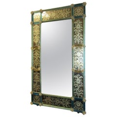 19th Century Venetian Etched Mirror with Blue Glass