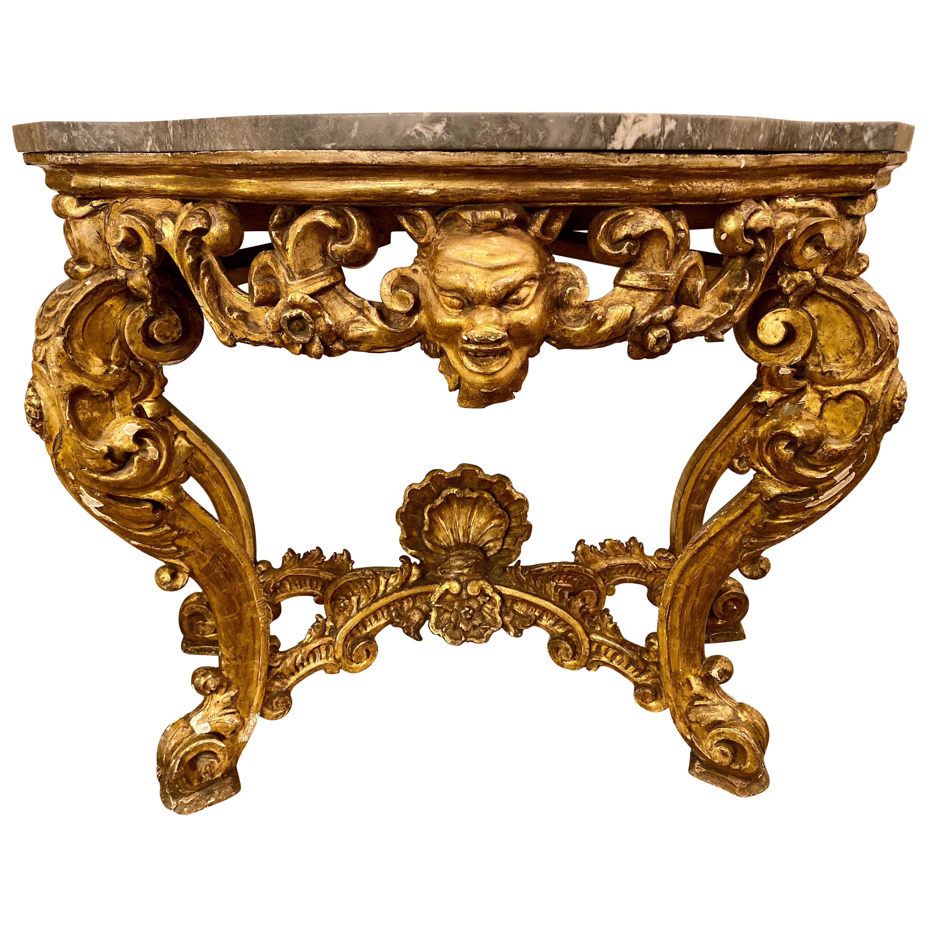 19th Century Venetian Gilt Gold Console Table, Serpentine, Ornately Carved