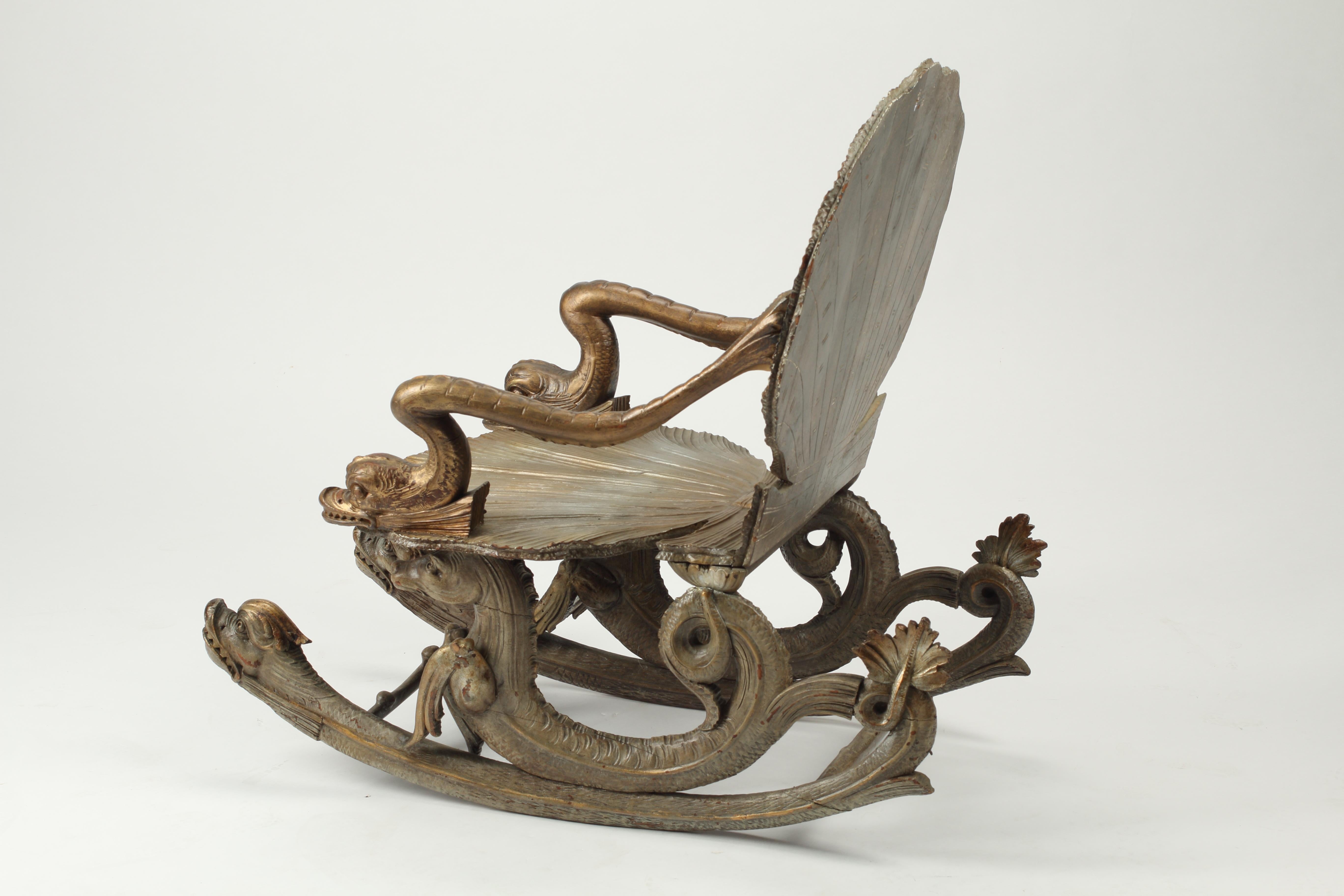 Venetian Grotto Giltwood Rocking Chair, 19th Century  2