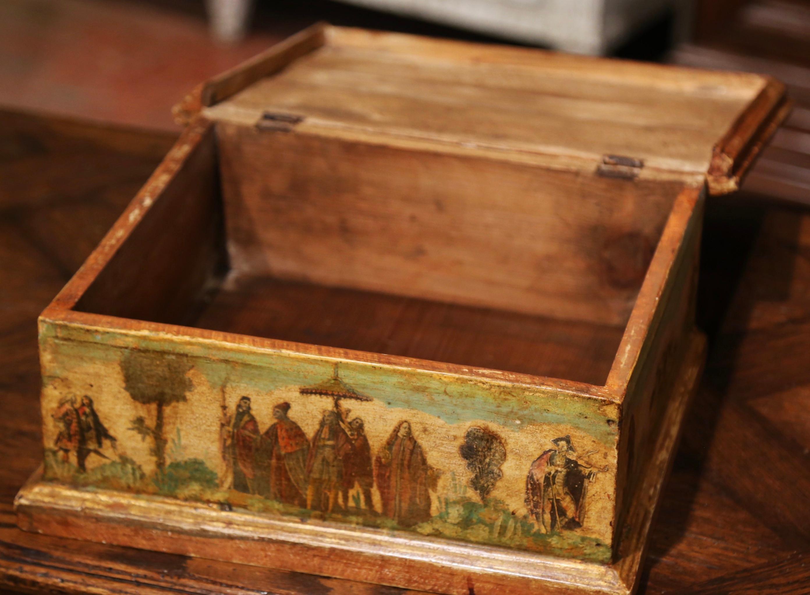 19th Century Venetian Hand Painted Collage Carved Box  In Excellent Condition In Dallas, TX