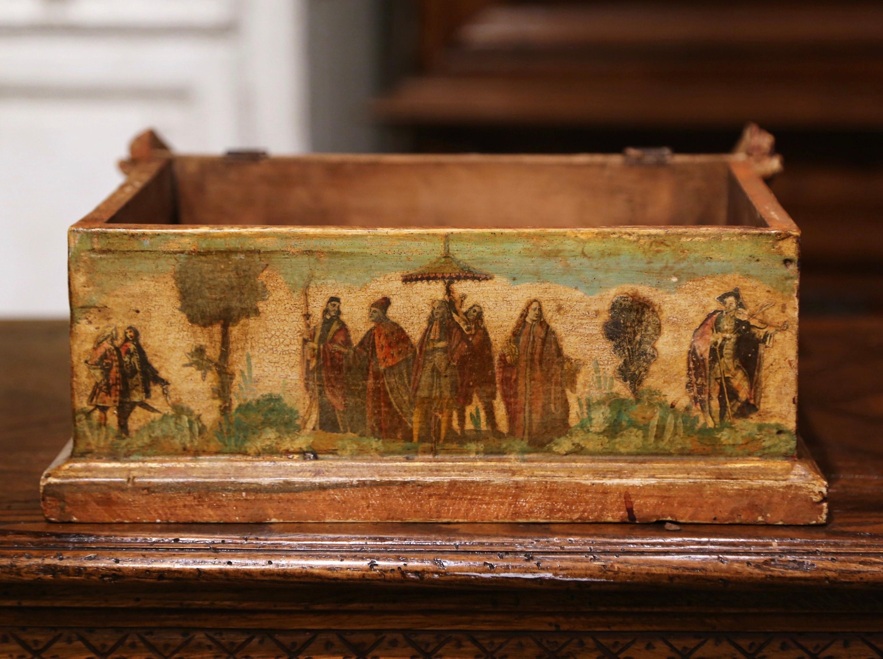 Wood 19th Century Venetian Hand Painted Collage Carved Box 