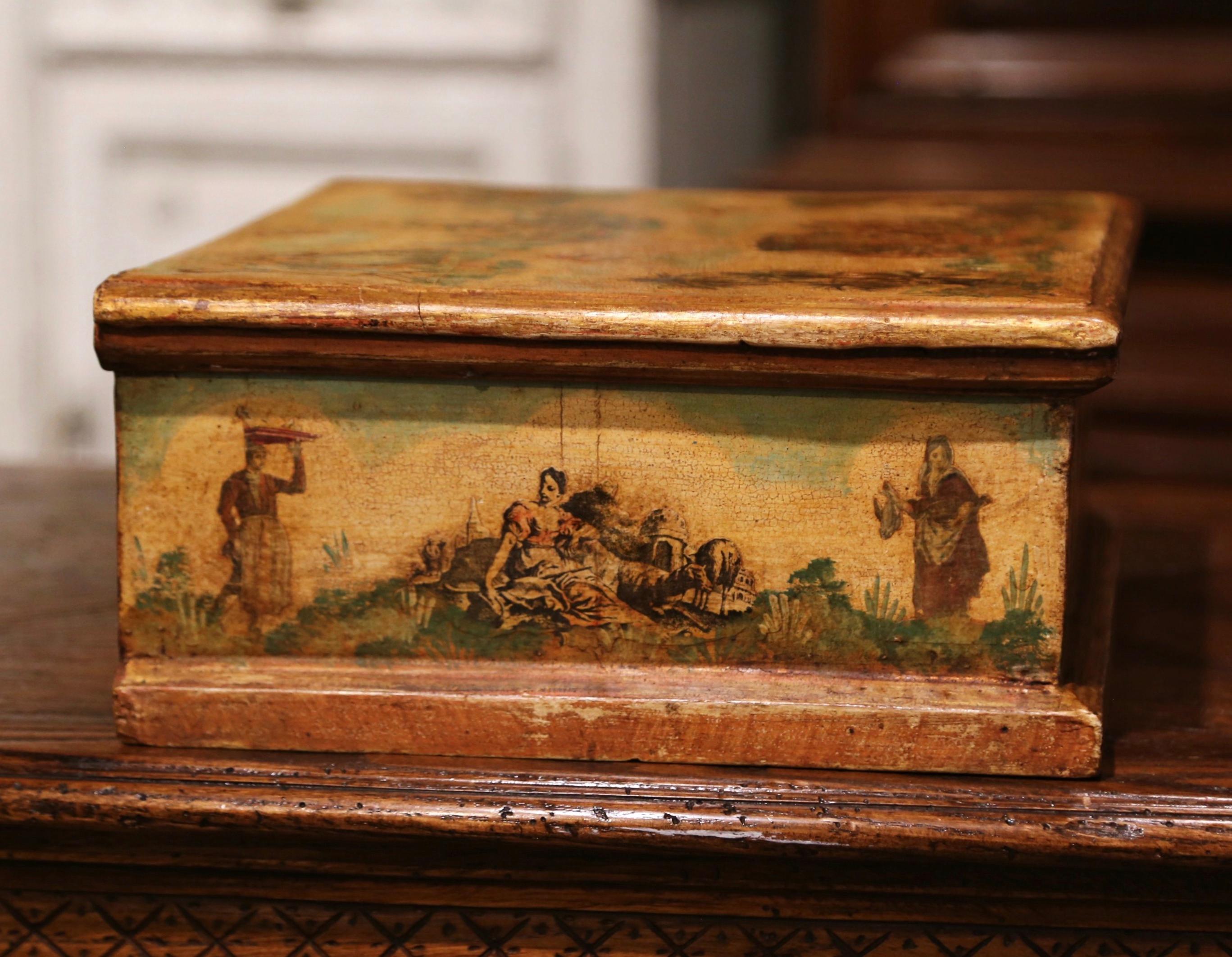 19th Century Venetian Hand Painted Collage Carved Box  3