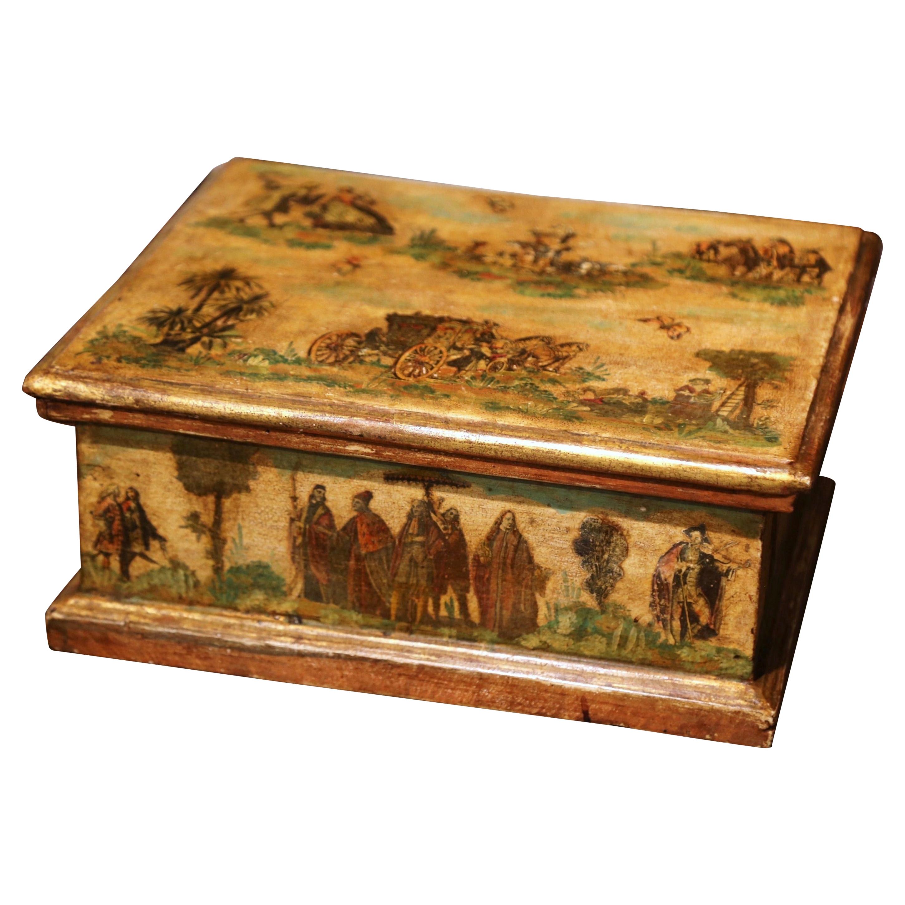 19th Century Venetian Hand Painted Collage Carved Box 