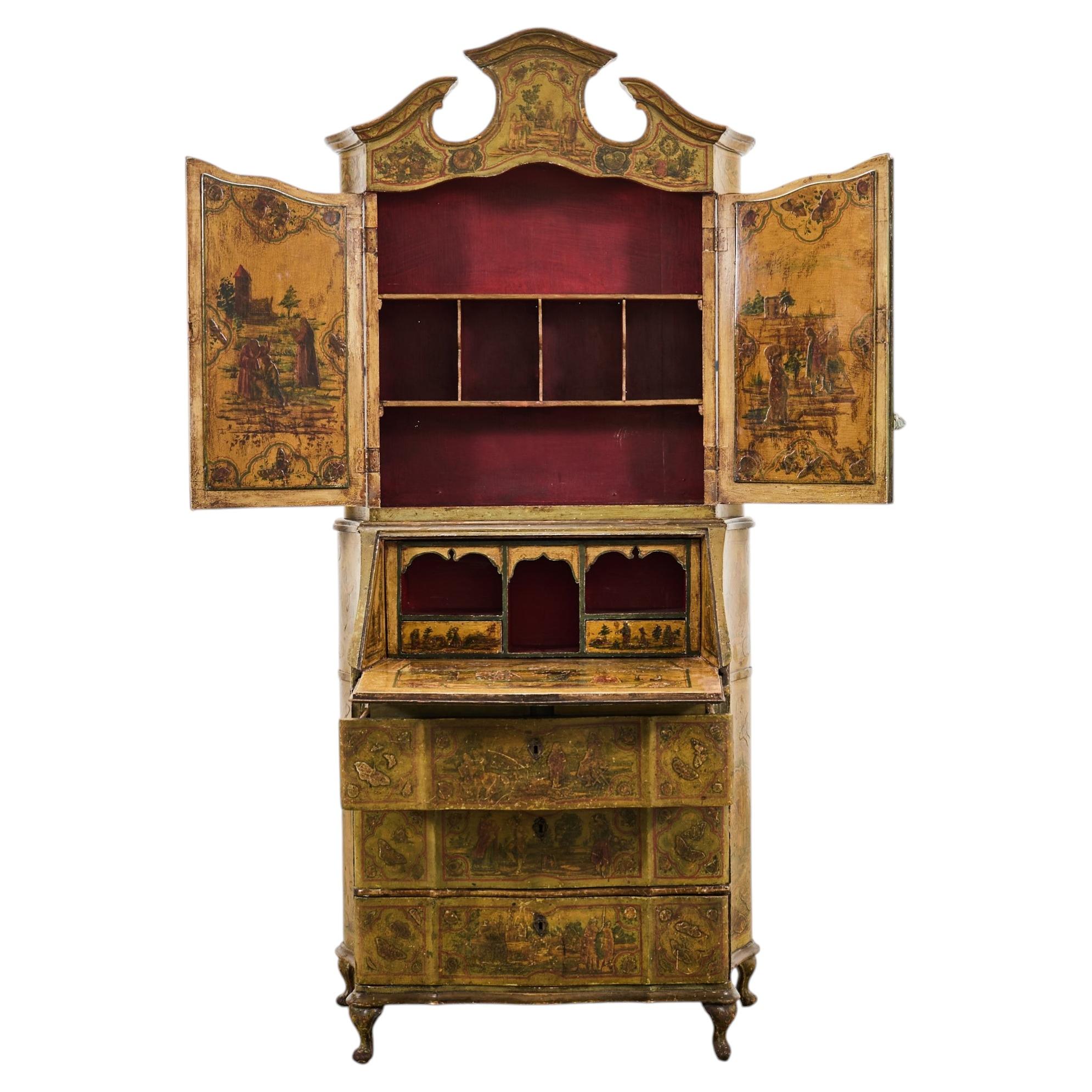 19th Century Venetian Lacquer Painted Secretary Bookcase Desk