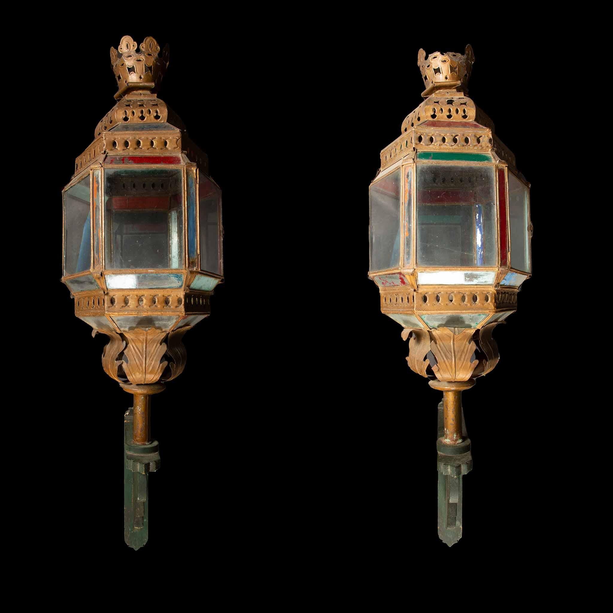 19th Century Venetian Lantern Pair: Exquisite Artistry on Custom Wood Brackets 3