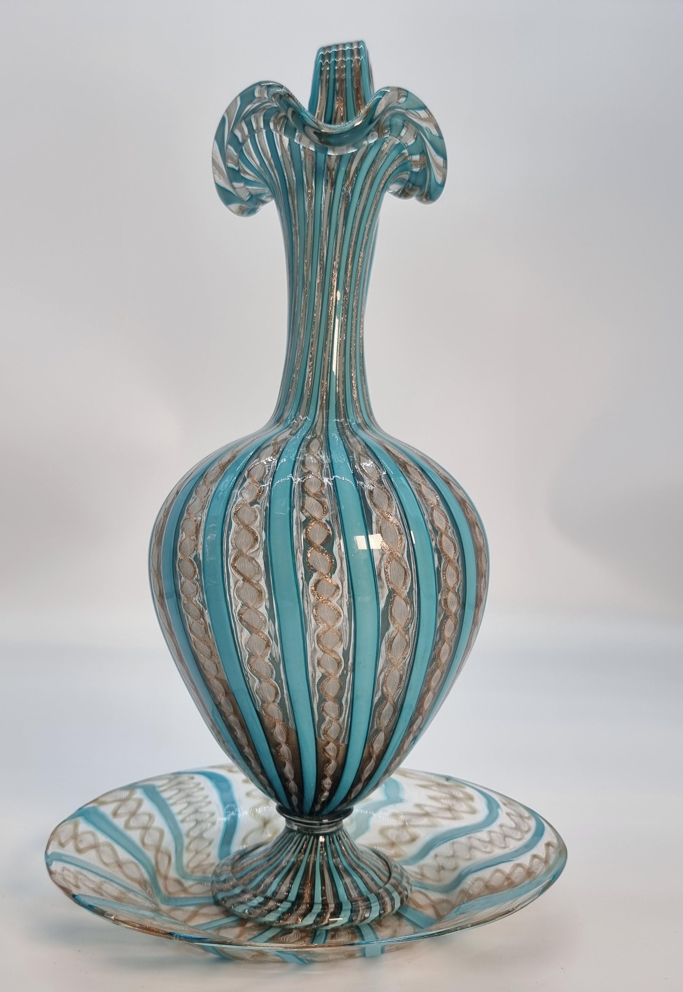19th century Venetian lattico  glass ewer/jug, stand and a pair of goblets c1870 For Sale 2