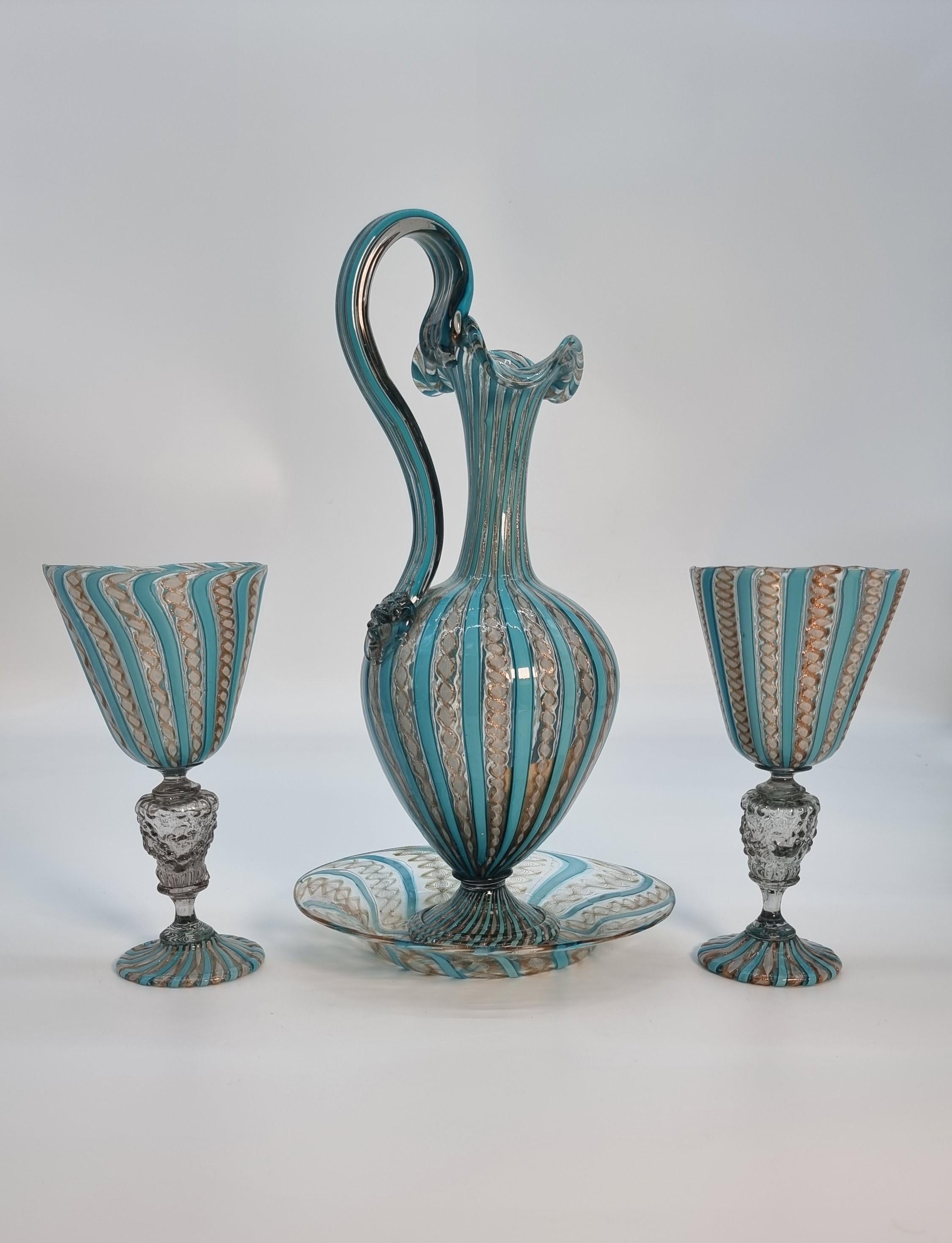 Art Deco 19th century Venetian lattico  glass ewer/jug, stand and a pair of goblets c1870 For Sale