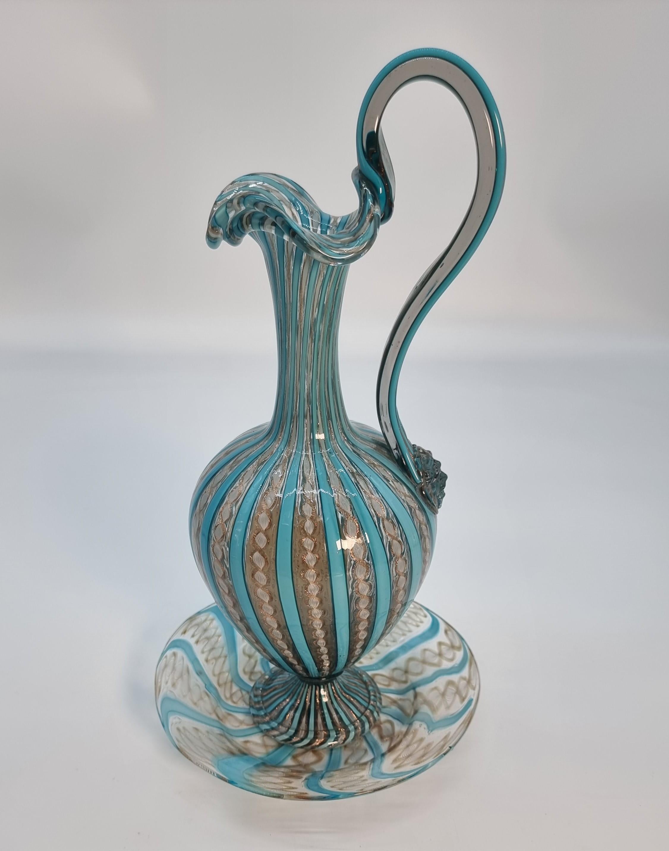 Italian 19th century Venetian lattico  glass ewer/jug, stand and a pair of goblets c1870 For Sale
