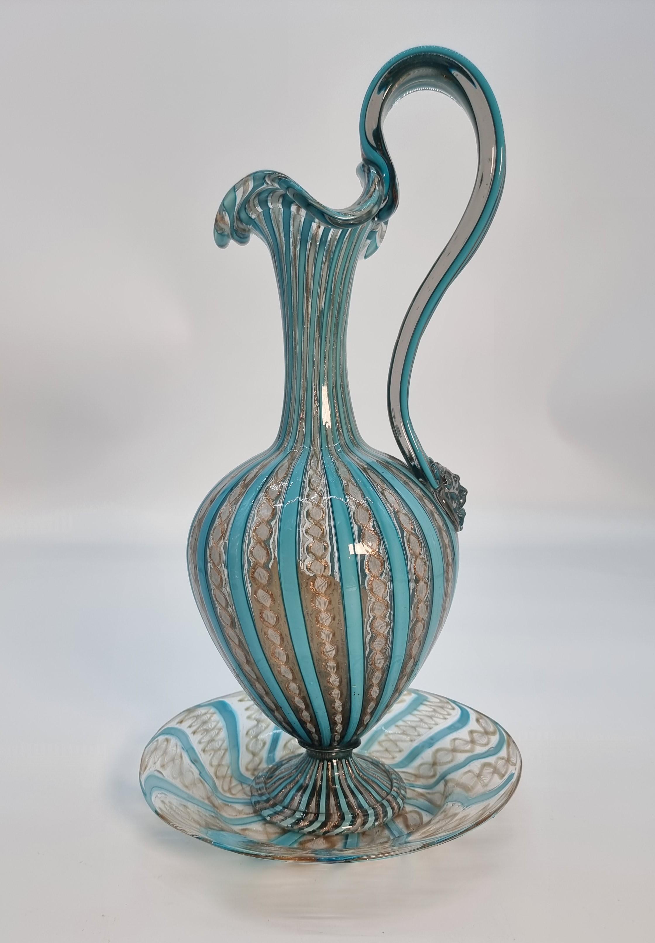 Hand-Crafted 19th century Venetian lattico  glass ewer/jug, stand and a pair of goblets c1870 For Sale