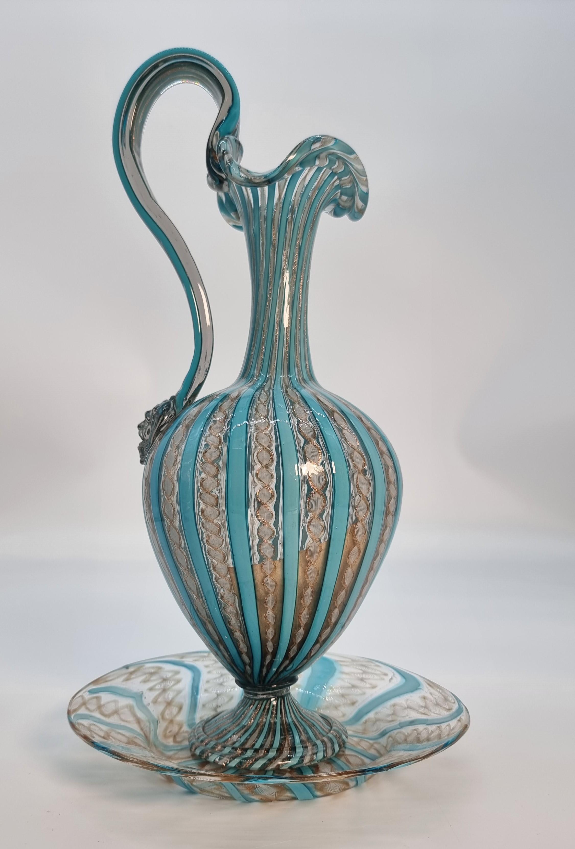 Glass 19th century Venetian lattico  glass ewer/jug, stand and a pair of goblets c1870 For Sale