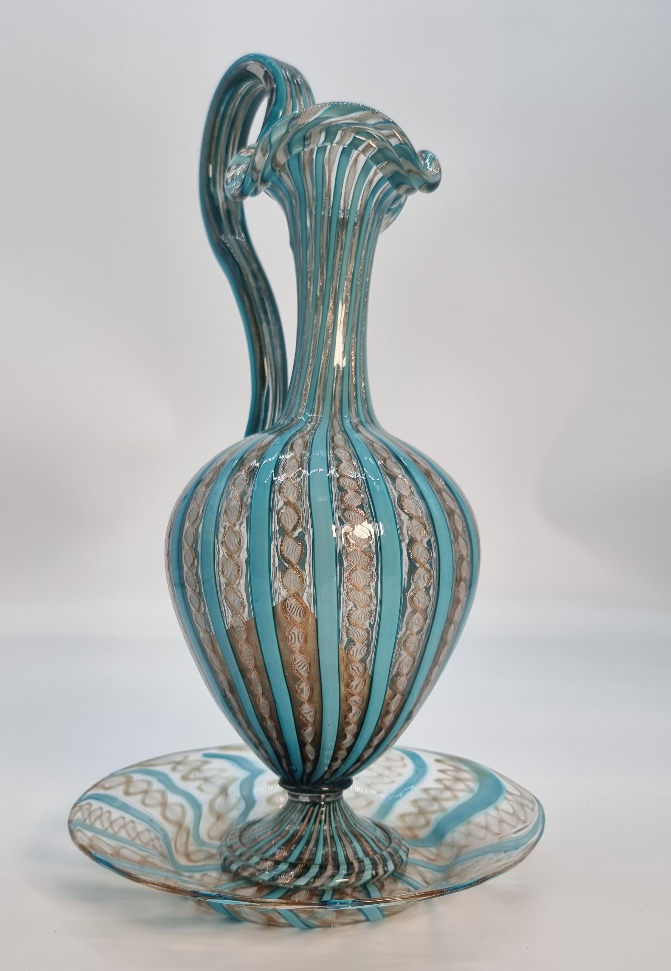 19th century Venetian lattico  glass ewer/jug, stand and a pair of goblets c1870 For Sale 1