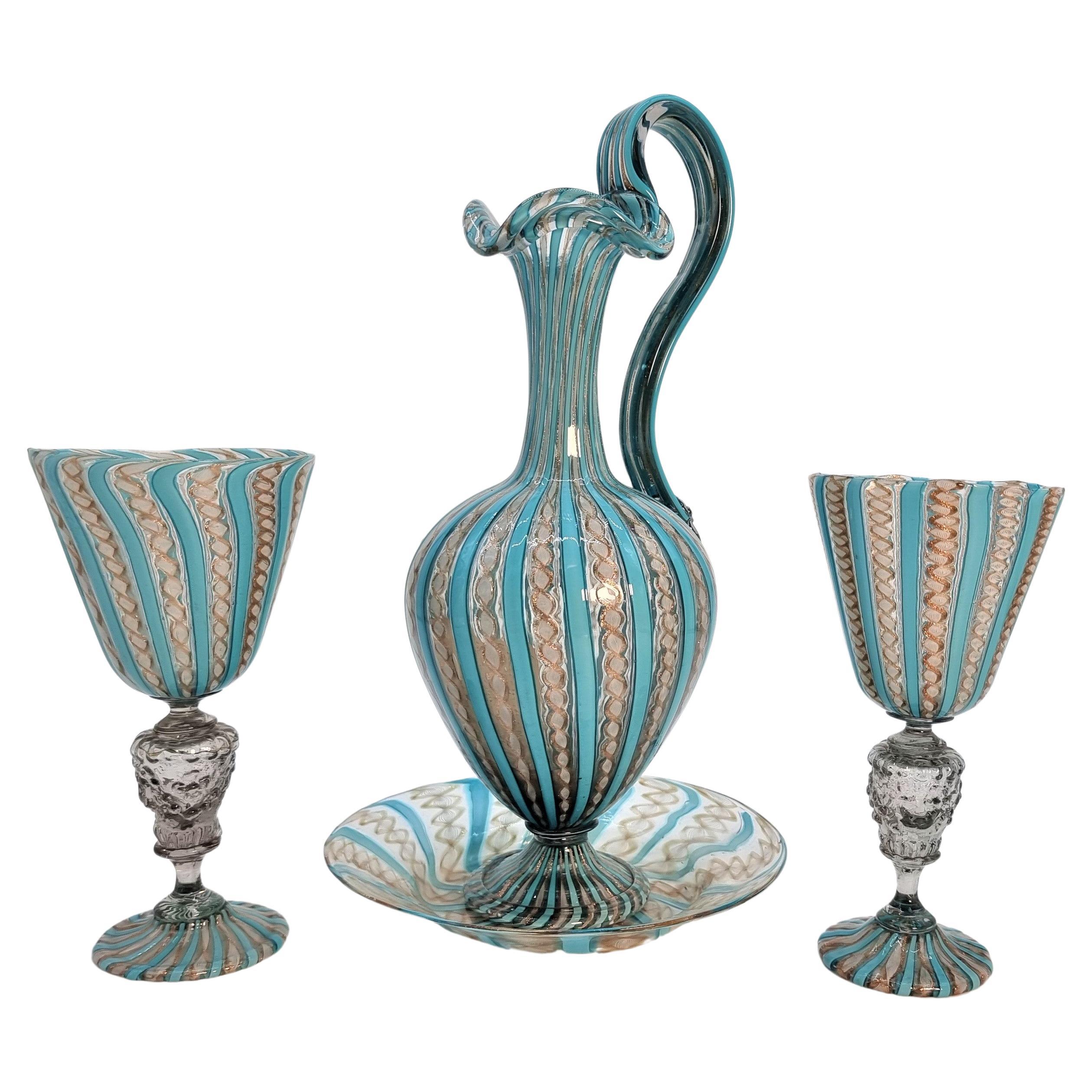 19th century Venetian lattico  glass ewer/jug, stand and a pair of goblets c1870 For Sale