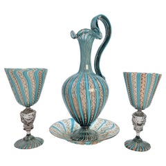 19th century Venetian lattico  glass ewer/jug, stand and a pair of goblets c1870