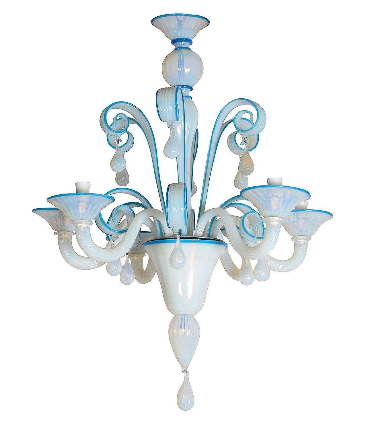 A late 19th Century Venetian Marano glass 8 branch chandelier in this wonderful turquoise and white colouring.

Batch 76 G9560/21 CEYZ