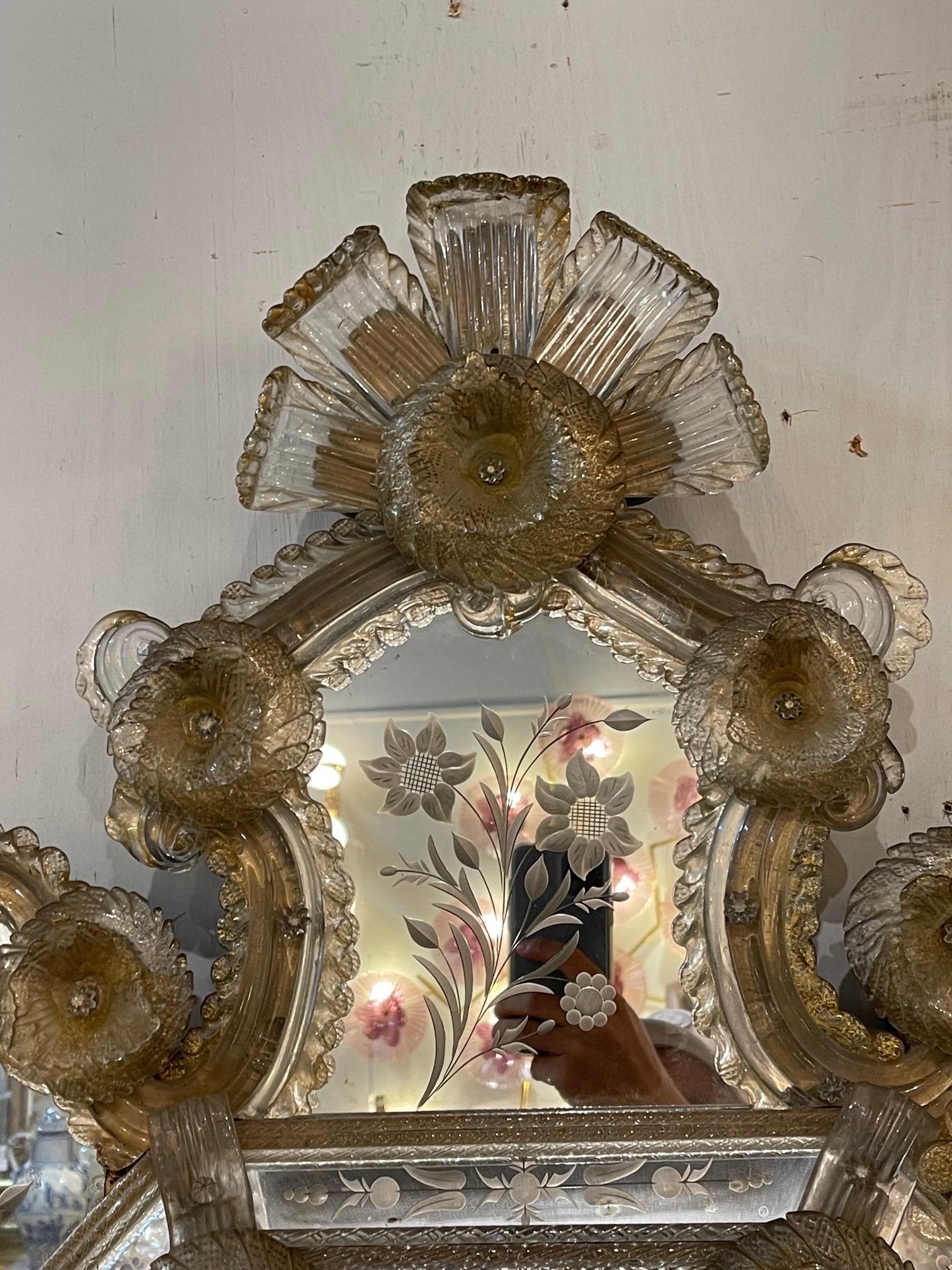 19th Century Venetian Mirror with Etched Glass and Flowers In Good Condition In Dallas, TX