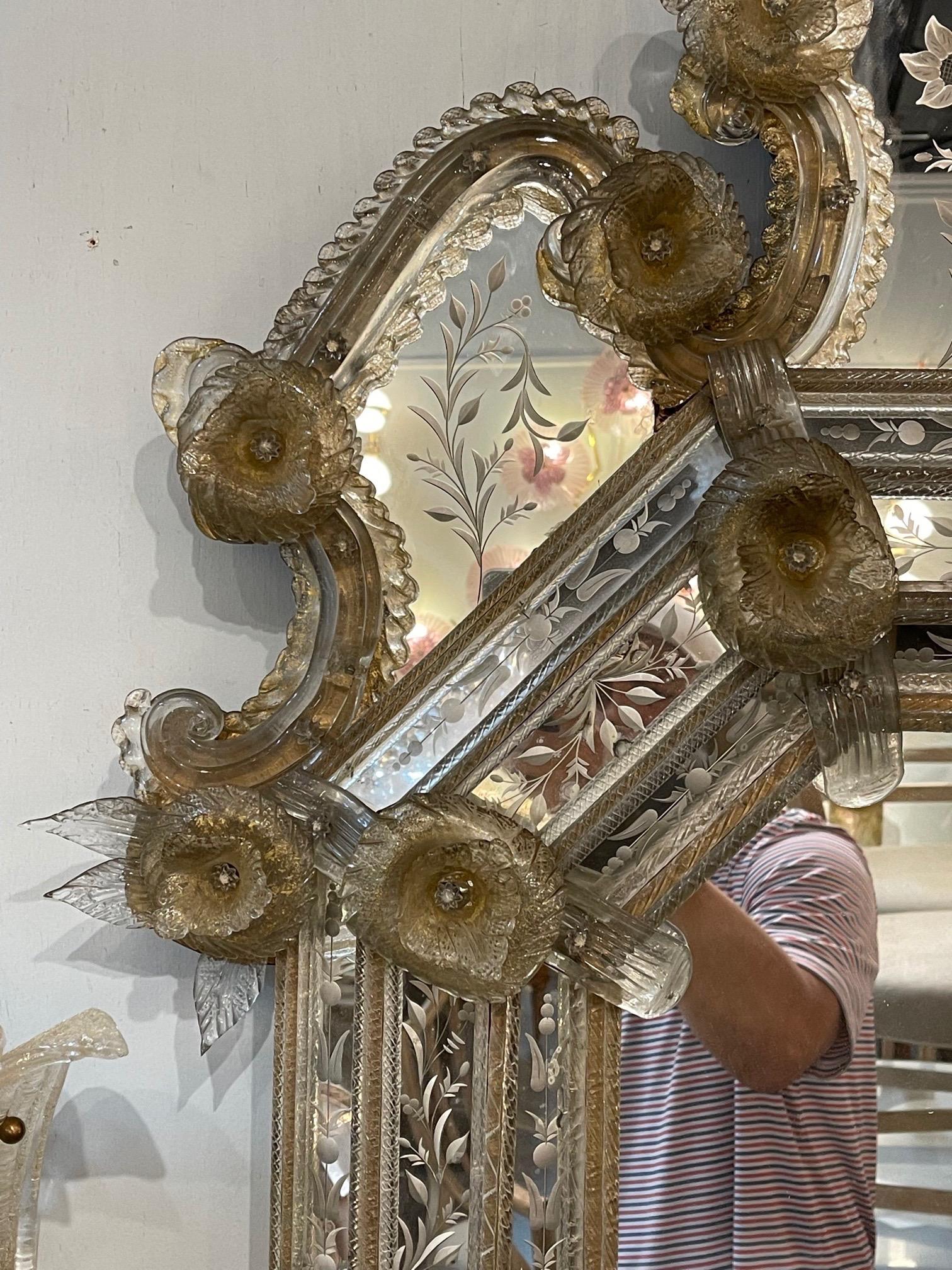 19th Century Venetian Mirror with Etched Glass and Flowers 1