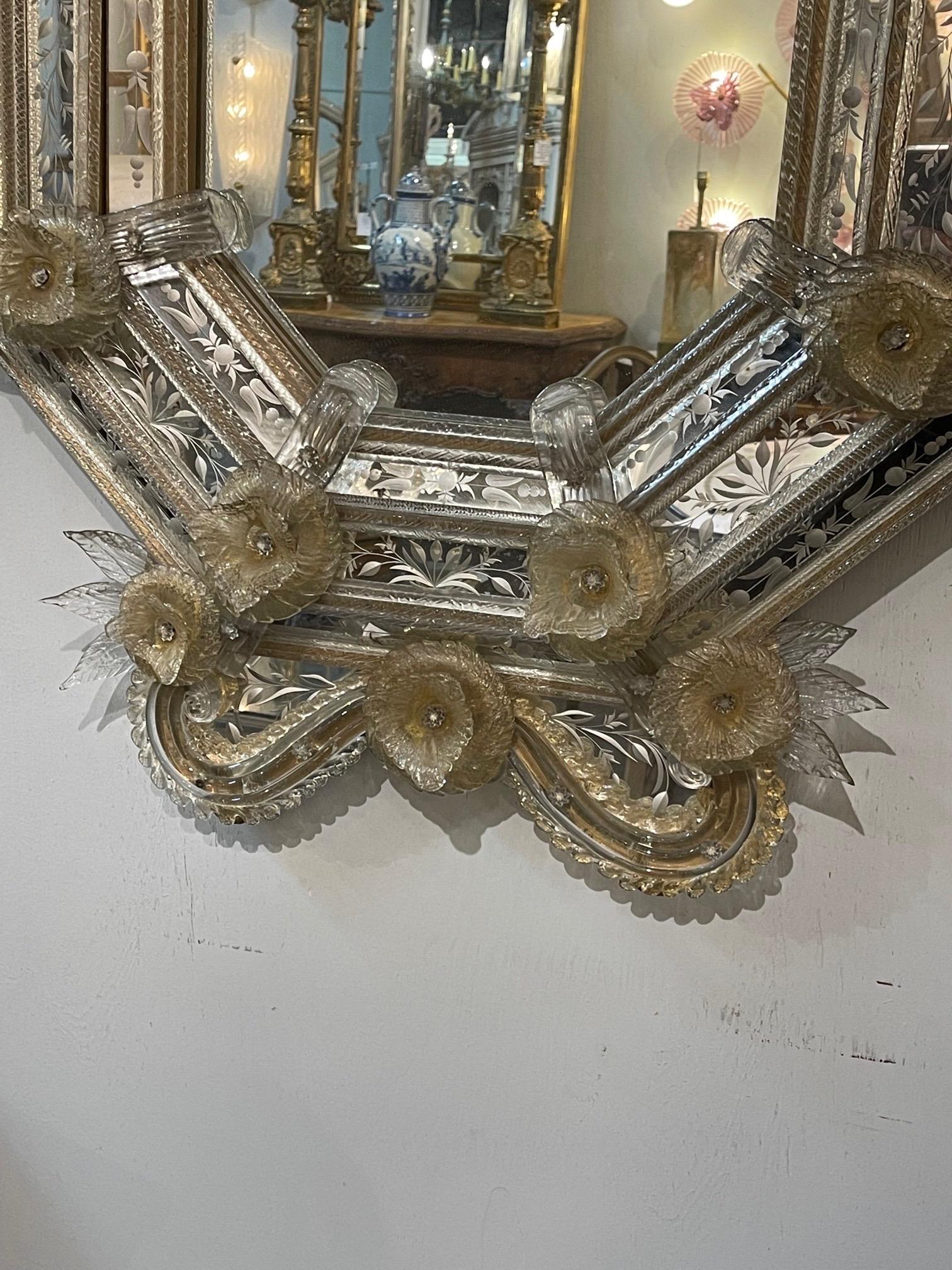 19th Century Venetian Mirror with Etched Glass and Flowers 4