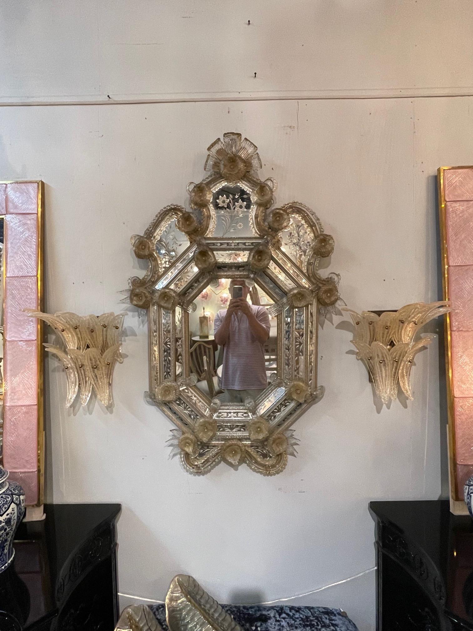 19th Century Venetian Mirror with Etched Glass and Flowers 5