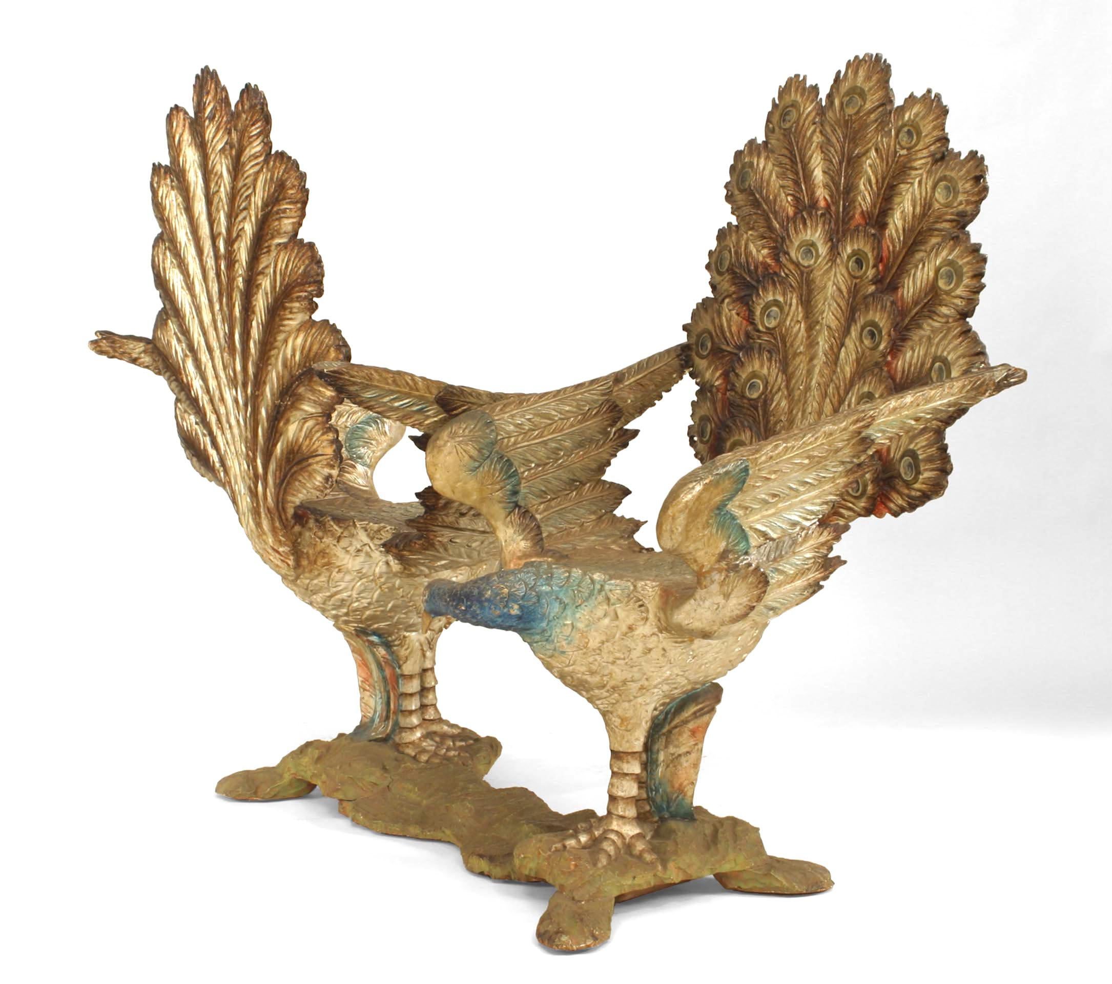 Italian Venetian style (19th cent.) Grotto carved and polychromed double peacock design conversation seat (tete-a-tete)

