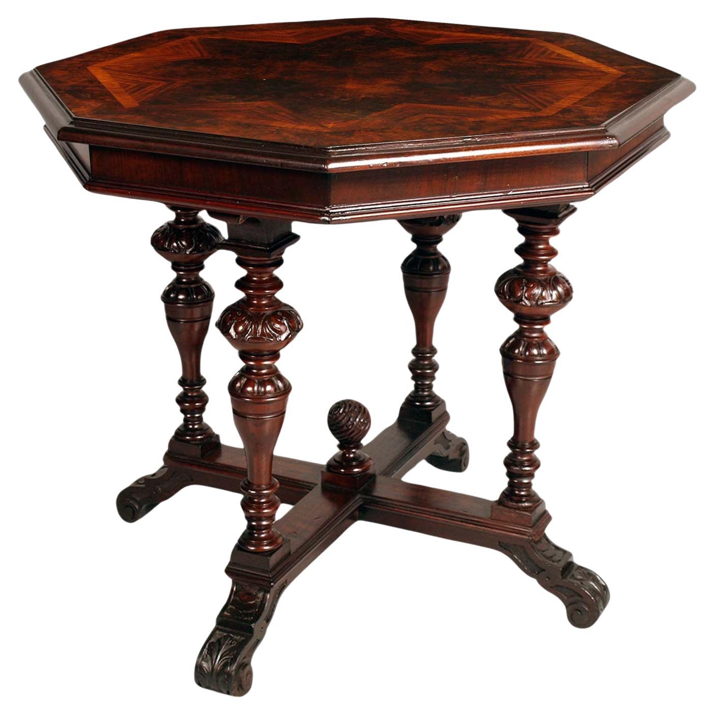 19th Century Venetian Renaissance Octagonal Table in Walnut by Testolini Freres For Sale