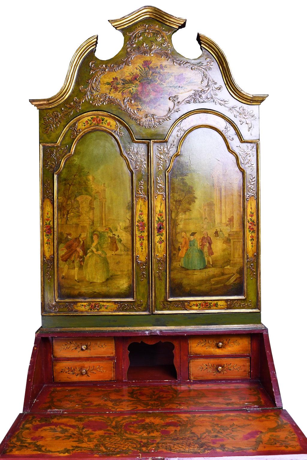 19th Century Venetian Secretary Bookcase with Painted Scenes and Floral Sprays 2