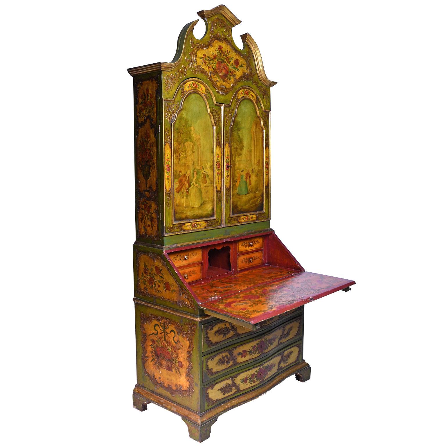 19th Century Venetian Secretary Bookcase with Painted Scenes and Floral Sprays 4