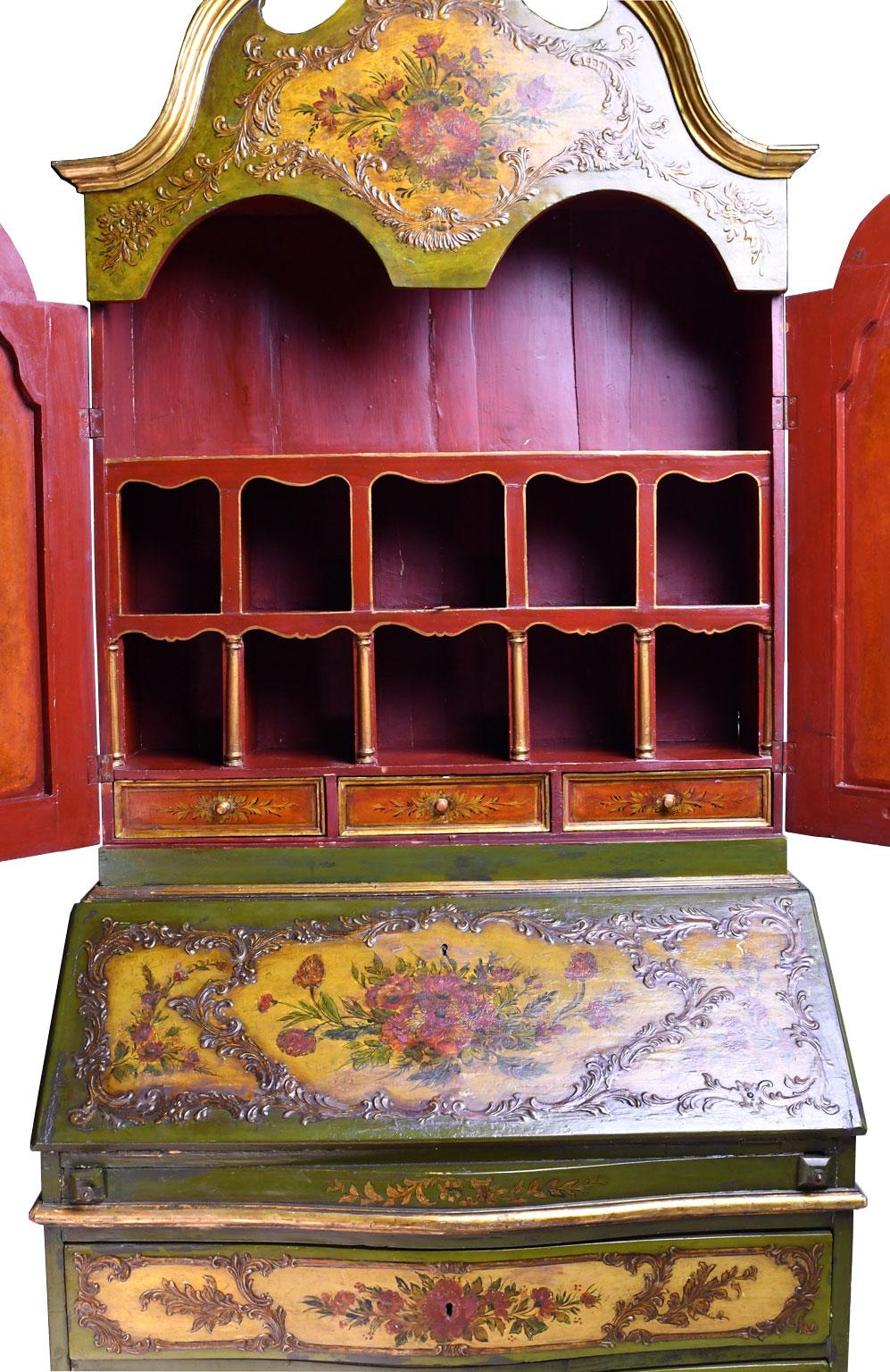 Baroque 19th Century Venetian Secretary Bookcase with Painted Scenes and Floral Sprays For Sale